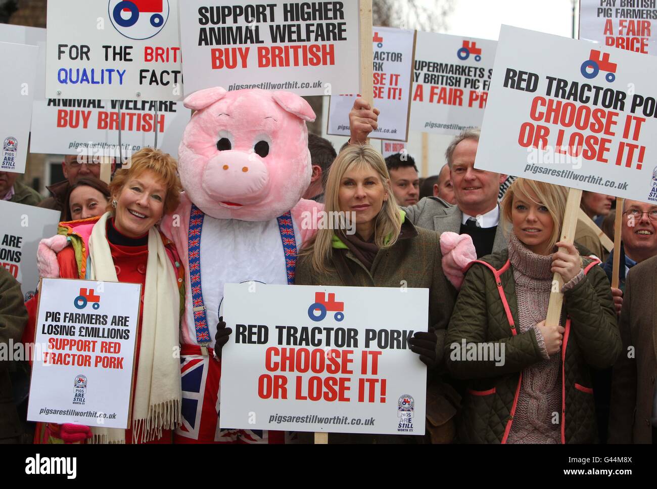 (De gauche à droite) Christine Hamilton, Sharron Davies et Liz McClarnon au rassemblement Sign Our Sauser organisé par la National Pig Association, où des centaines d'éleveurs de porcs de tout le Royaume-Uni sont venus à Whitehall à Londres pour faire campagne pour une offre équitable auprès des supermarchés et des transformateurs. Banque D'Images