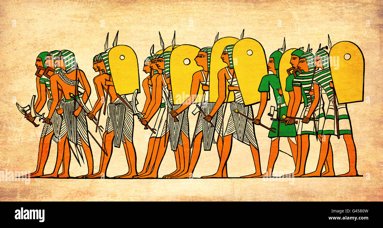 Élaboration peint représentant l'Égypte ancienne guerriers prêts à se battre Banque D'Images