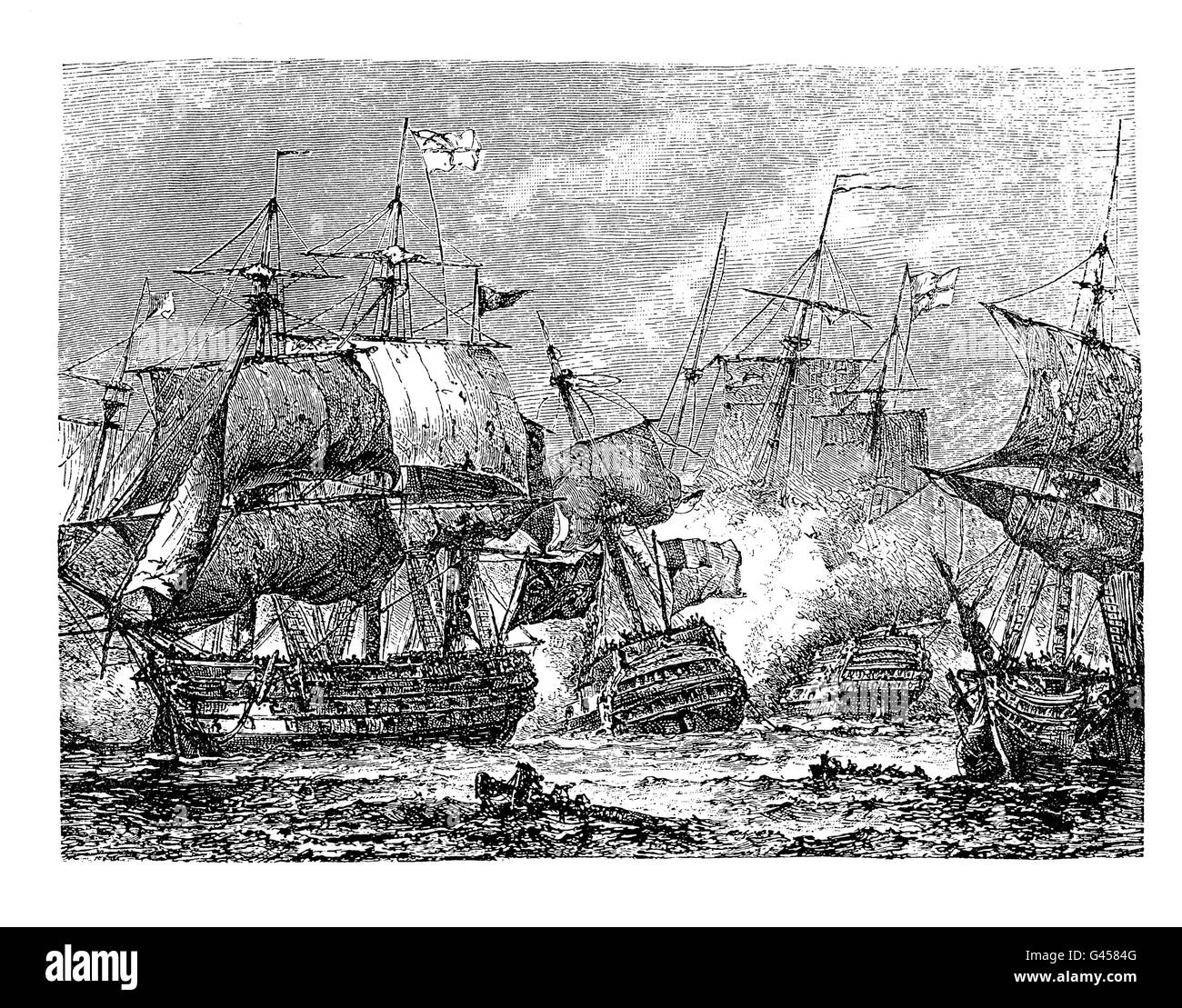 Vintage illustration gravure décrivant la bataille navale d'Aboukir où Napoléon Bonaparte a défait l'armée ottomane en 1799 Banque D'Images