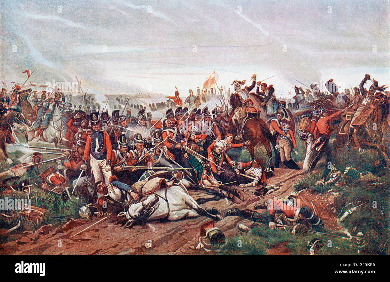 La bataille de Waterloo, Belgique, 18 juin 1815. Une charge de cuirassiers français place britannique. Après la peinture de Jazet. Du siècle, édition de Cassell's history of England, publié c. 1900 Banque D'Images