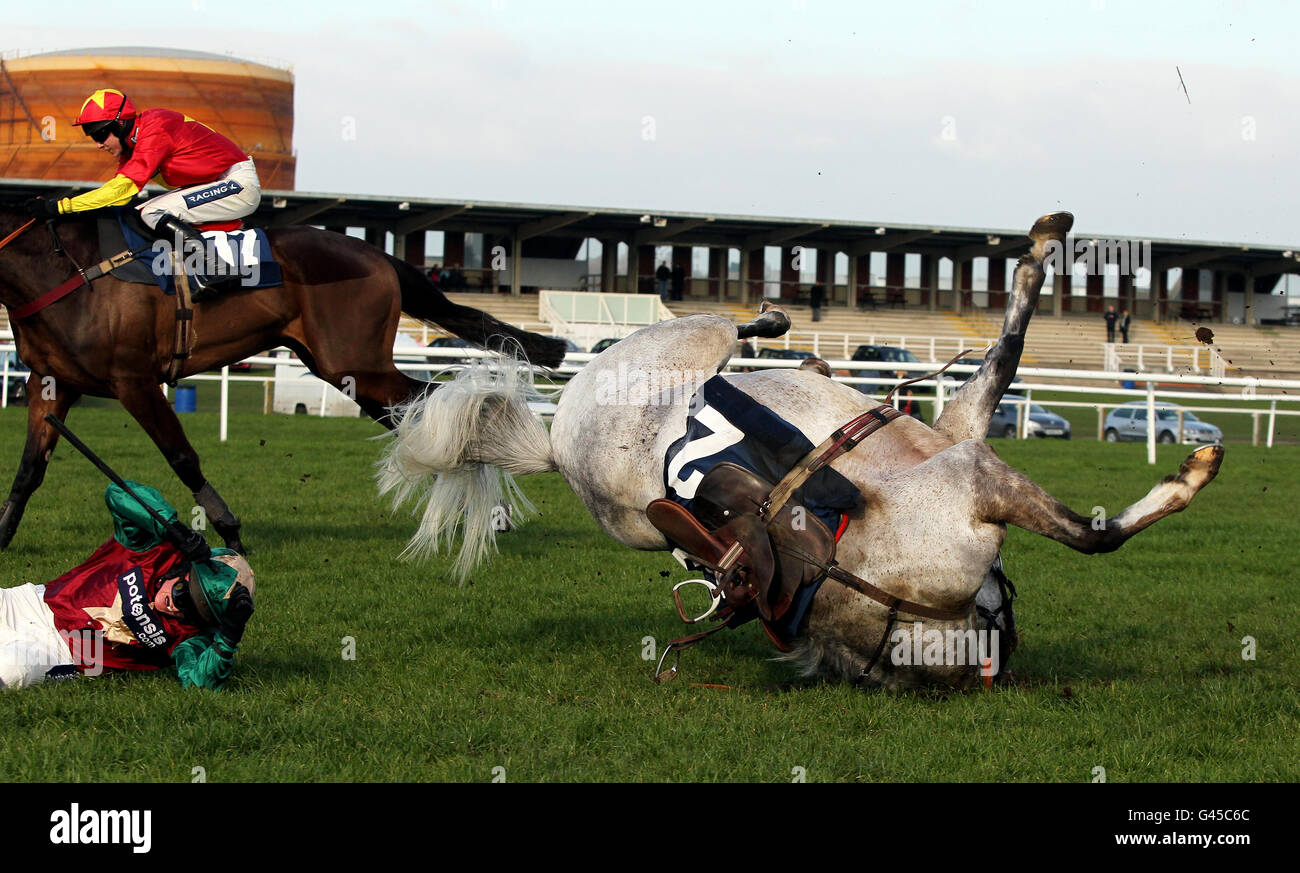 Prenez le Breeze et Ryan Mahon sont des fauteurs dans le Wiltshire County Show soutenant Greatwood Gold Cup Handicap Chase pendant la journée de la Charité de Greatwood à l'hippodrome de Newbury, Berkshire. Banque D'Images