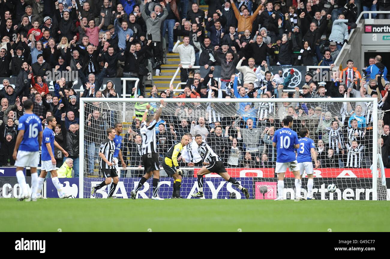 Le Leon Best (au centre) de Newcastle United célèbre après avoir obtenu la première note But du jeu passé le gardien de but d'Everton Tim Howard (centre gauche) Banque D'Images