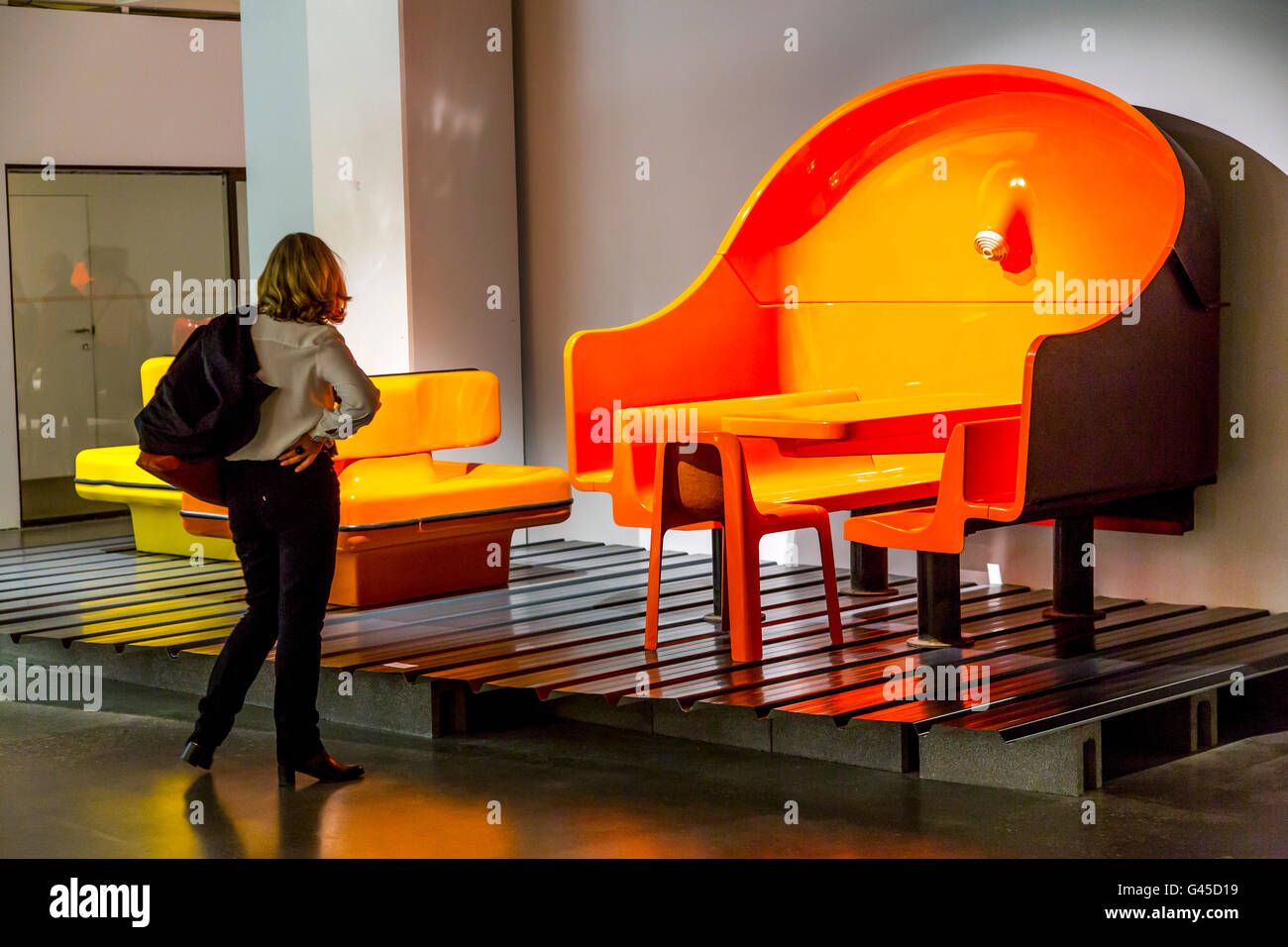 ADAM, Musée d'art et de design de l'Atomium, Bruxelles, exposition permanente Plasticarium, conception d'objets de la 70s en matières plastiques Banque D'Images