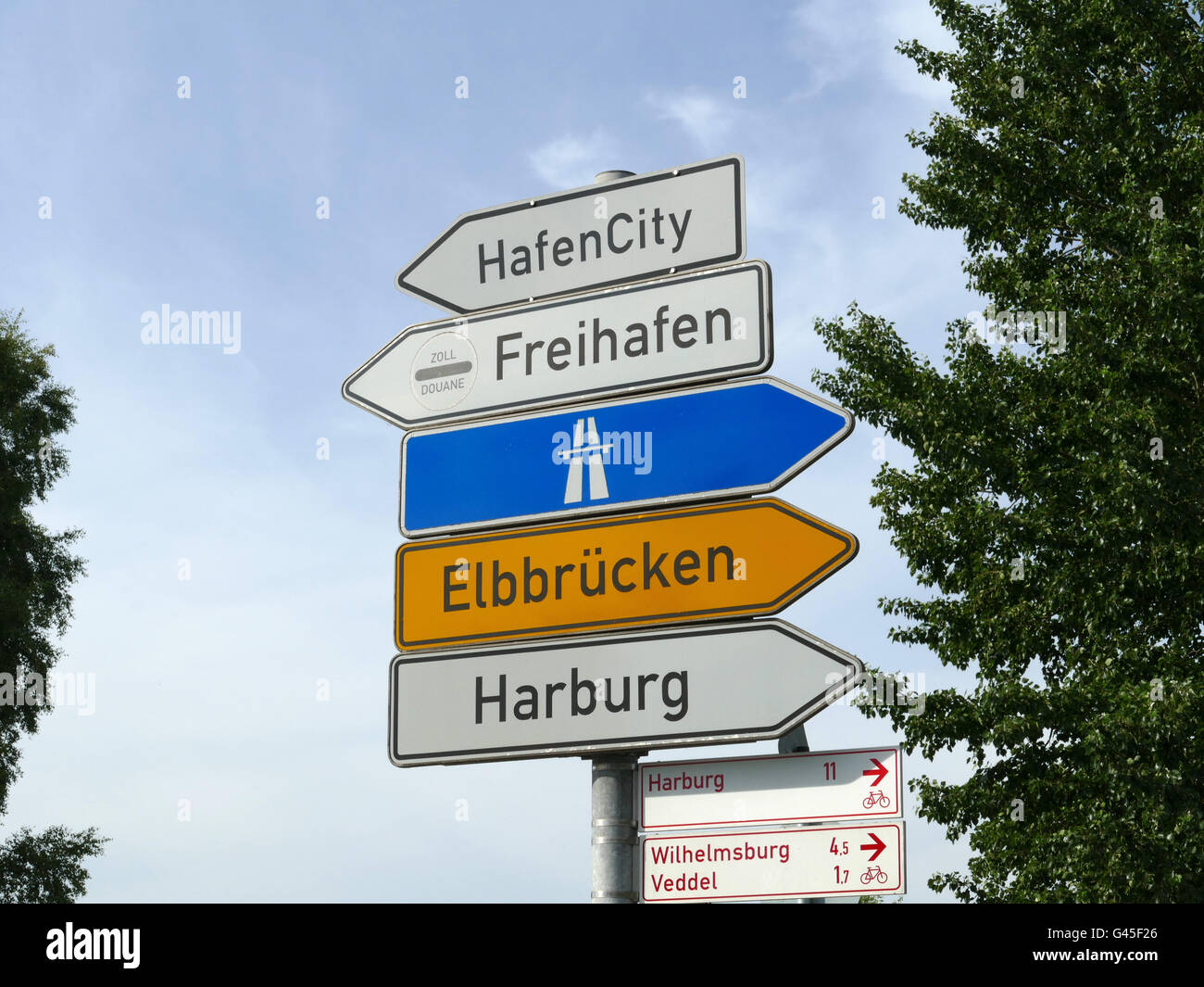 Europe Allemagne Hambourg Hafencity Freihafen Elbbrücken Harburg street sign Banque D'Images