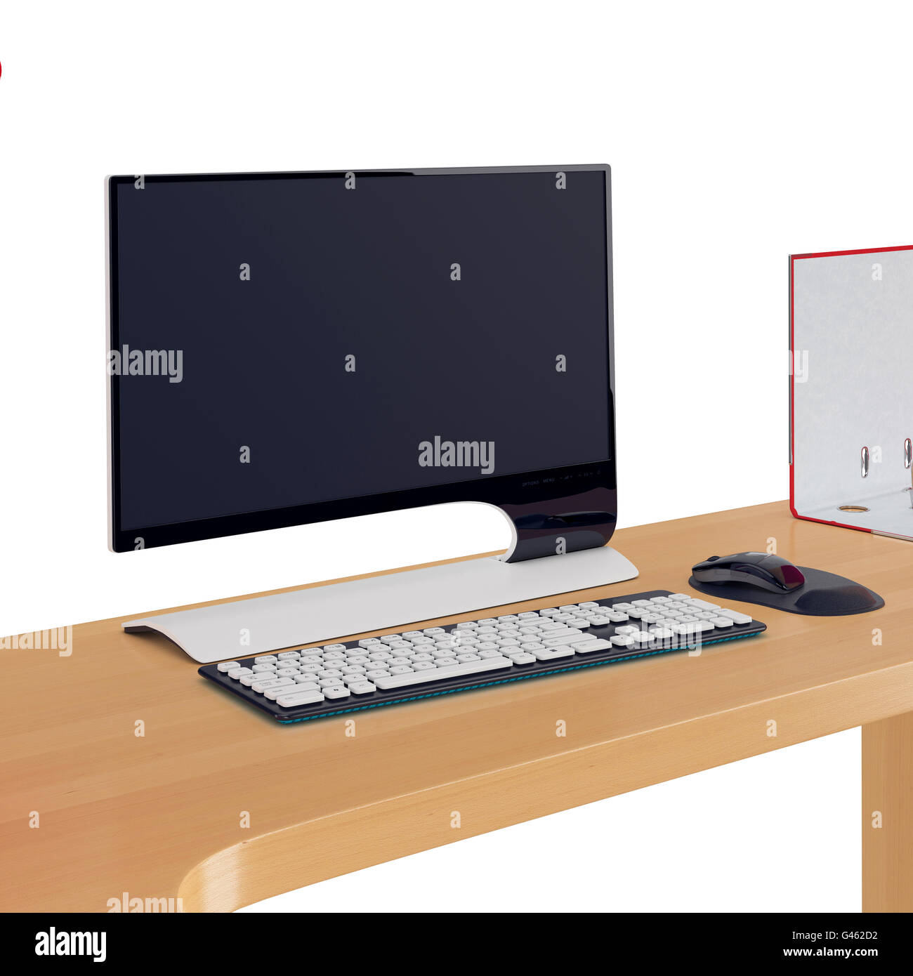 Style moderne, l'écran de l'ordinateur, clavier et souris sur table office de bois. Graphique 3d Banque D'Images