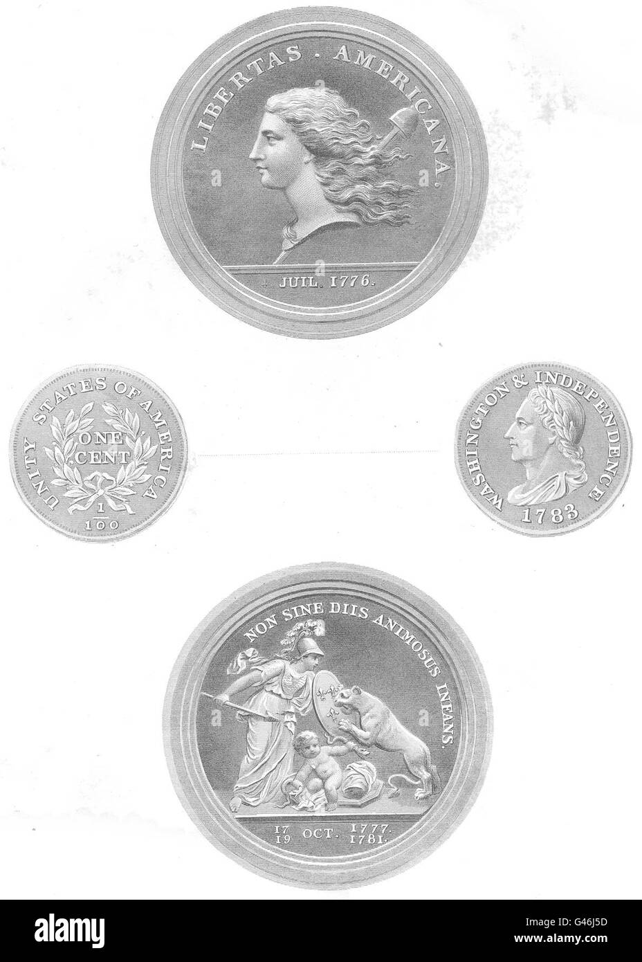 La médaille de l'INDÉPENDANCE AMÉRICAINE : Libertas Americana, 1776 ; Diis Animosus Infans 1850 Banque D'Images