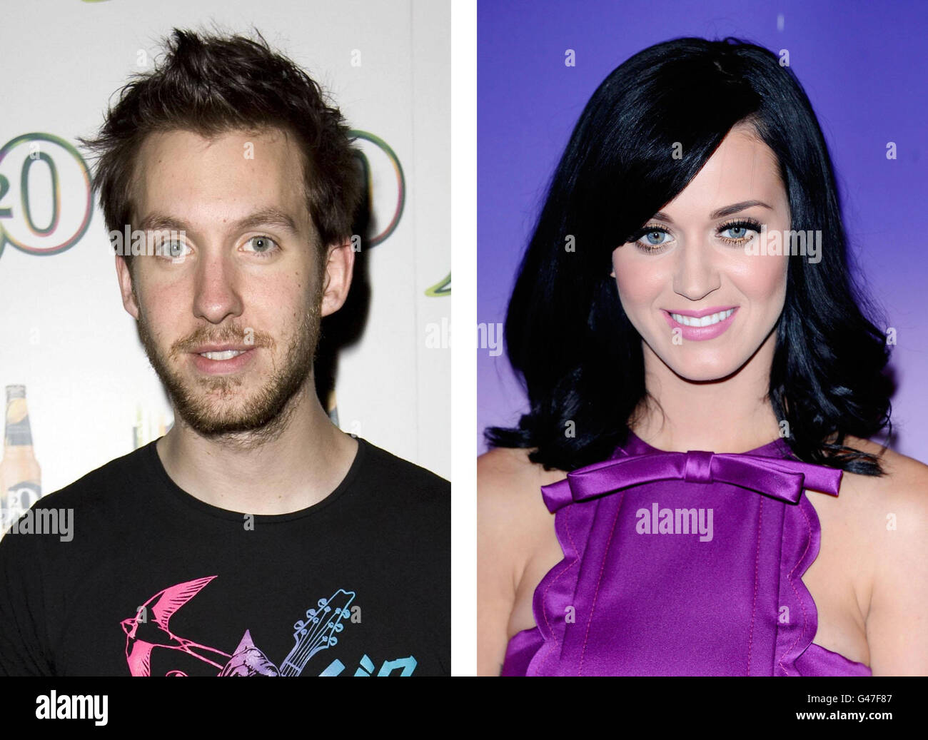 Classez des photos de Calvin Harris (à gauche) et Katy Perry (à droite) comme le DJ s'est excusé après avoir été pris dans une rangée en ligne lorsqu'il s'est retiré de sa tournée. Banque D'Images