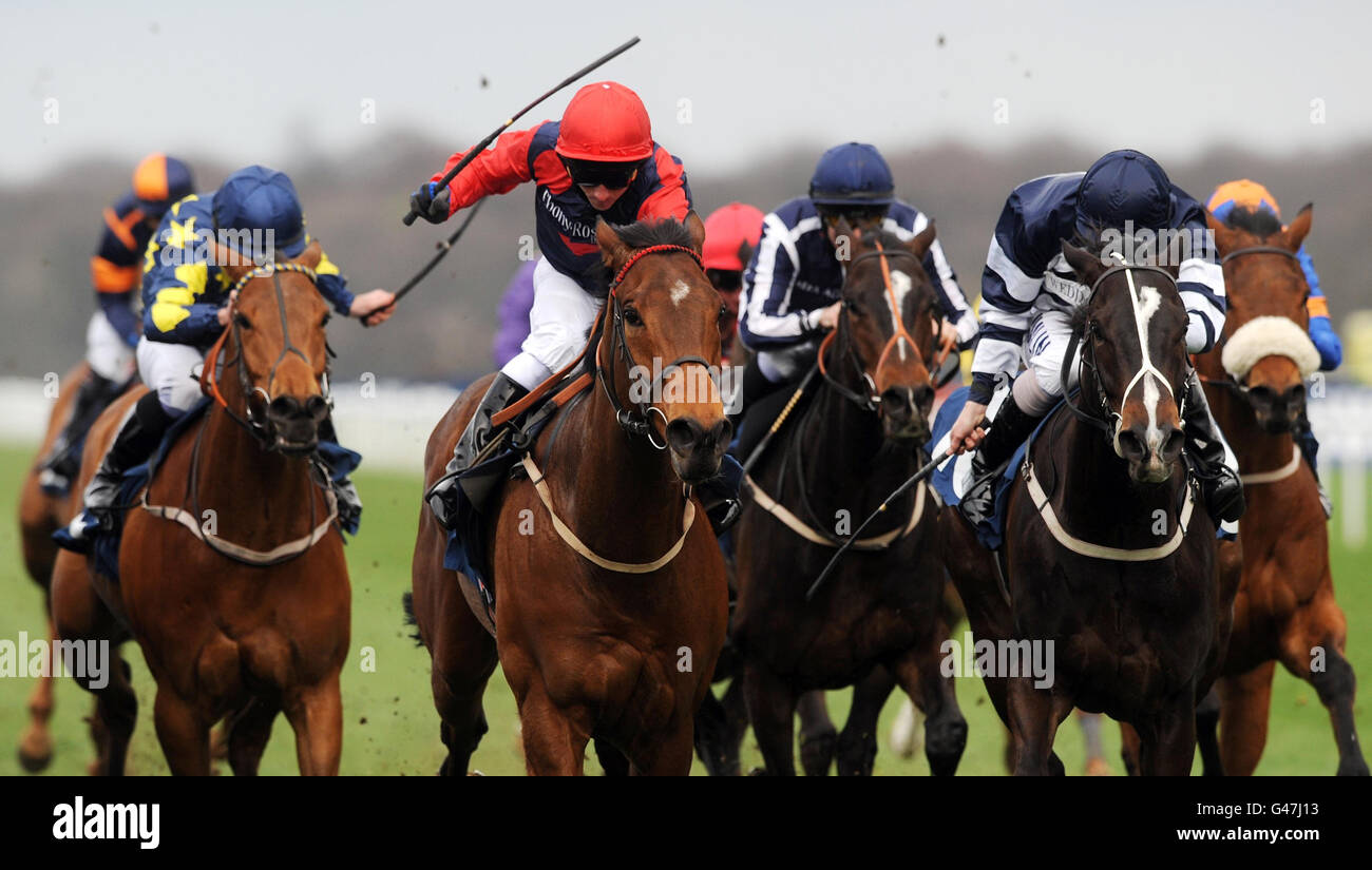Roi d'Eden, monté par David Allan (au centre, cap rouge), remporte le William Hill Home of Betting handicap Stakes (Div II) pendant la journée William Hill Doncaster Shield Day à l'hippodrome de Doncaster. Banque D'Images