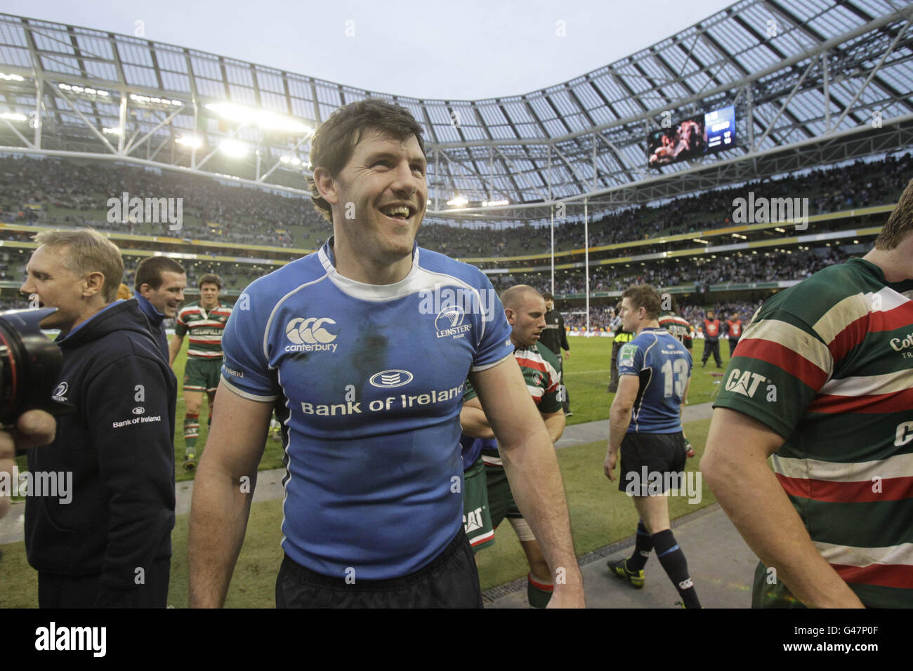 Rugby Union - Heineken Cup - quart de finale - Leinster / Leicester Tigers - Aviva Stadium.Shane Horgan, de Leinster, célèbre leur victoire contre Leicester lors du match final de la Heineken Cup Quarter au stade Aviva, à Dublin. Banque D'Images