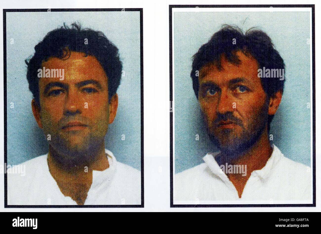 Dossier de police de l'ancien Marine américaine John Crawley (à gauche), 39 ans, et de Robert Morrow, 37 ans, deux des six hommes emprisonnés aujourd'hui à Old Bailey (WEDS), pour leur implication dans un complot très sophistiqué de l'IRA visant à bombarder des sous-stations d'électricité et à paralyser l'alimentation électrique vers une grande partie de Londres et du Sud-est. Voir PA Story COURTS IRA. Banque D'Images