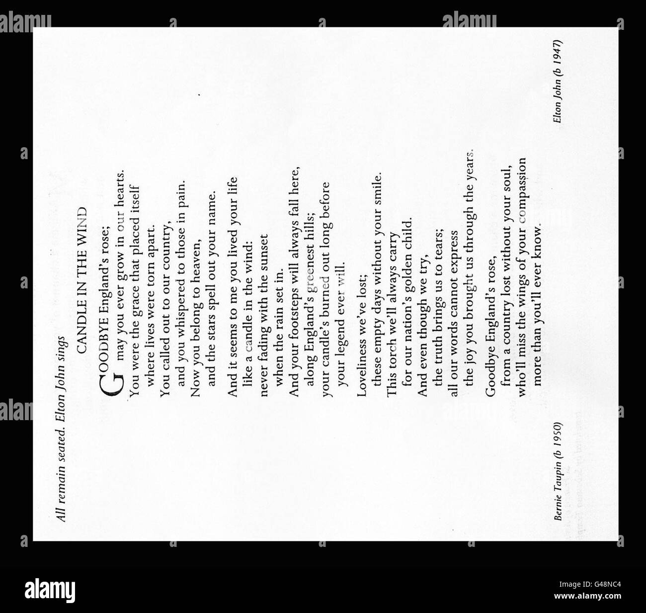 Candle In The Wind Diana Traduction Funeral song Banque de photographies et d'images à haute résolution - Alamy