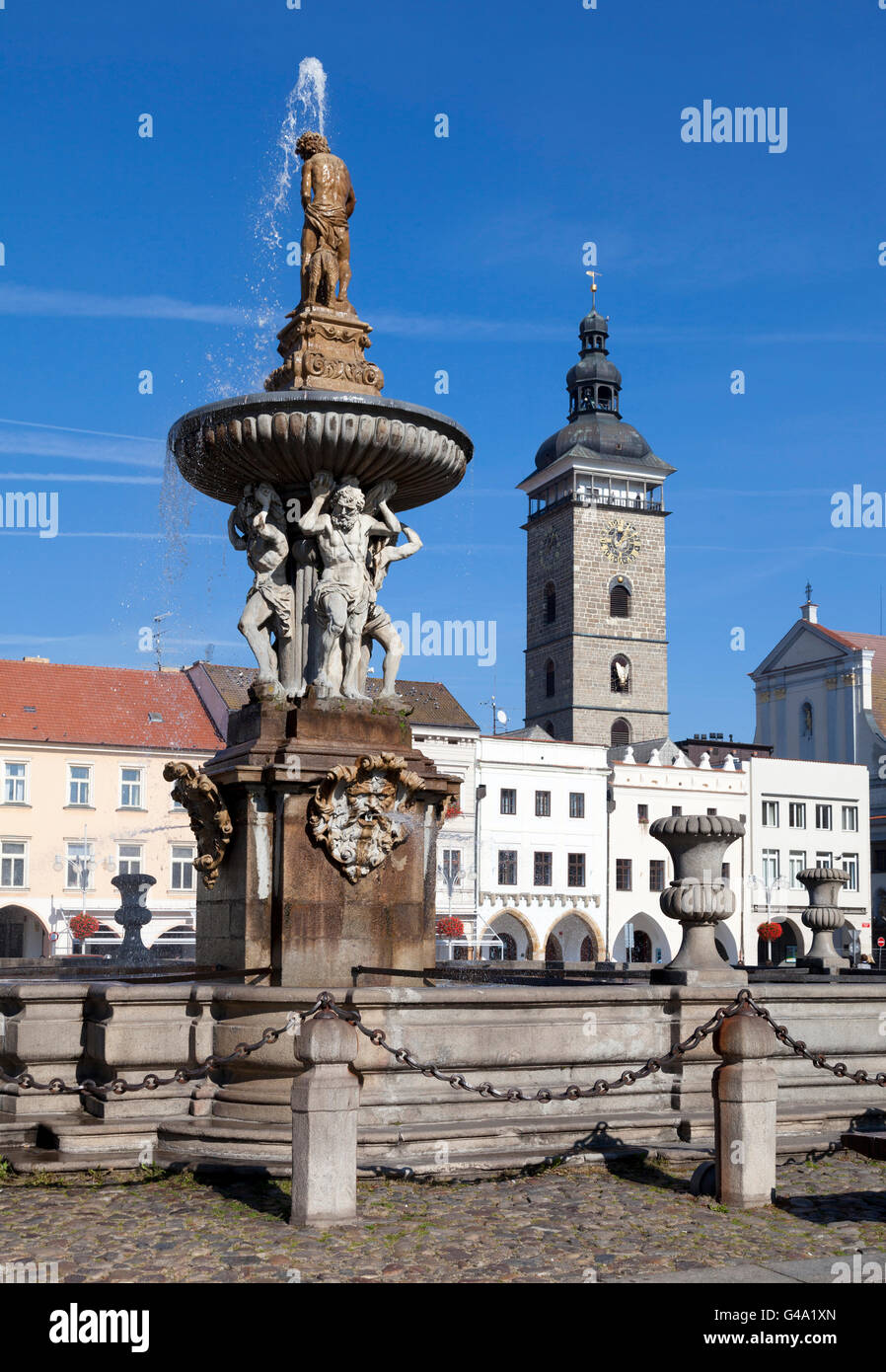 Quartier historique avec la tour Noire et la fontaine Samson, également connu sous le nom de Budweis, Budvar, La Bohème du Sud Banque D'Images