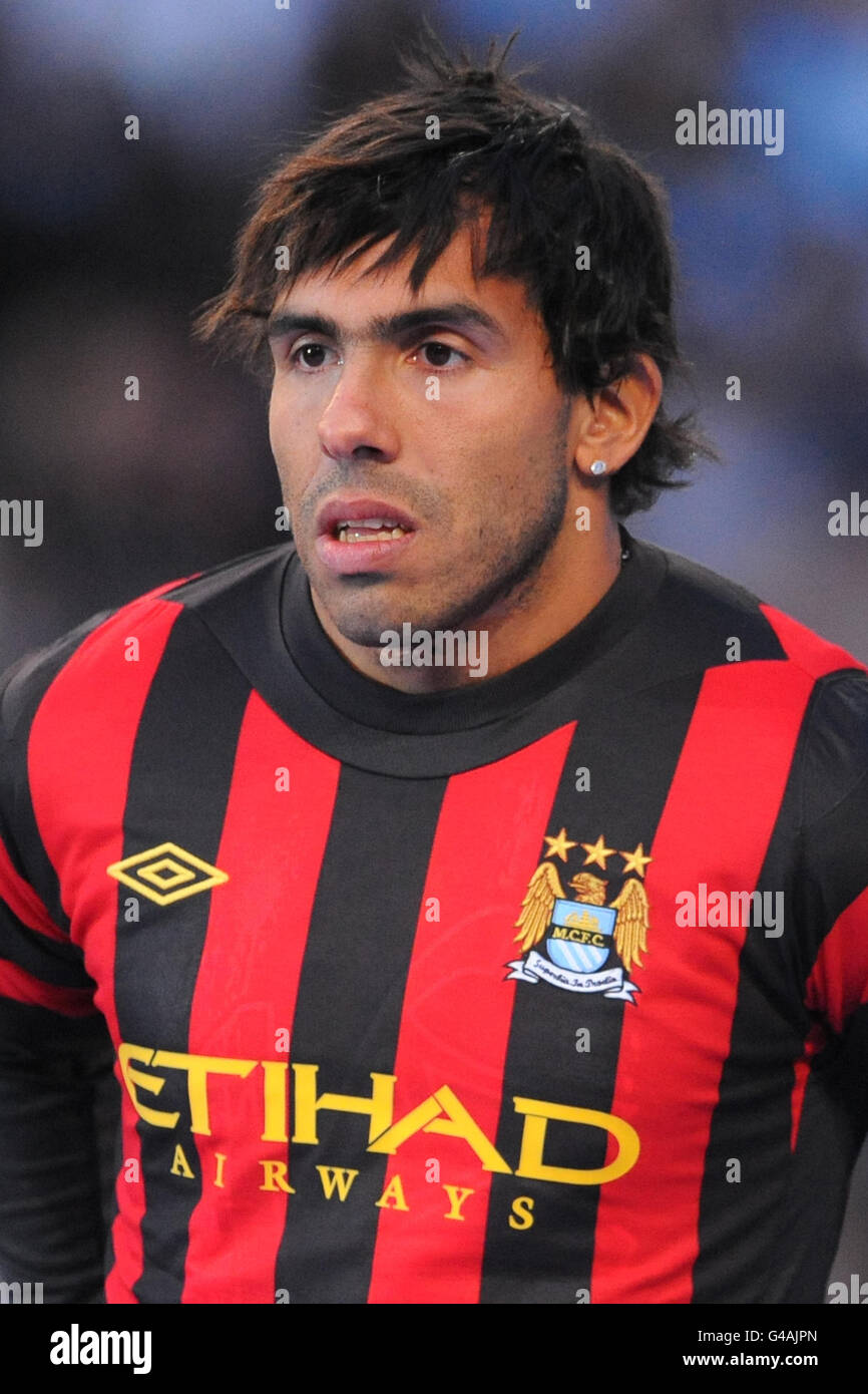 Carlos Tevez de Manchester City lors de la Manchester City FA Cup Victory Parade au City of Manchester Stadium, Manchester. Banque D'Images