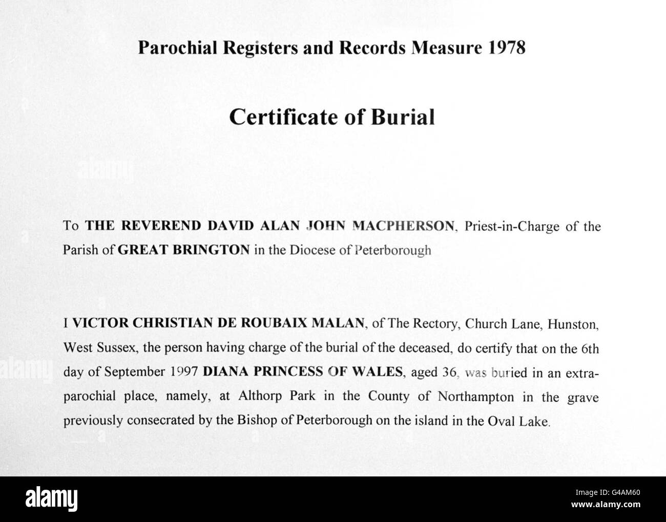 Un extrait du certificat de Burial de Diana, princesse de Galles,Qui a été rendu public par l'évêque de Peterborough, le Rév. Ian Cundy, afin de dissiper les rumeurs récentes selon lesquelles la princesse n'avait pas été enterrée sur l'île dans la propriété de sa famille à Althorp.Voir PA Story DIANA Certificate.Photo/PA de la piscine miroir quotidienne Banque D'Images