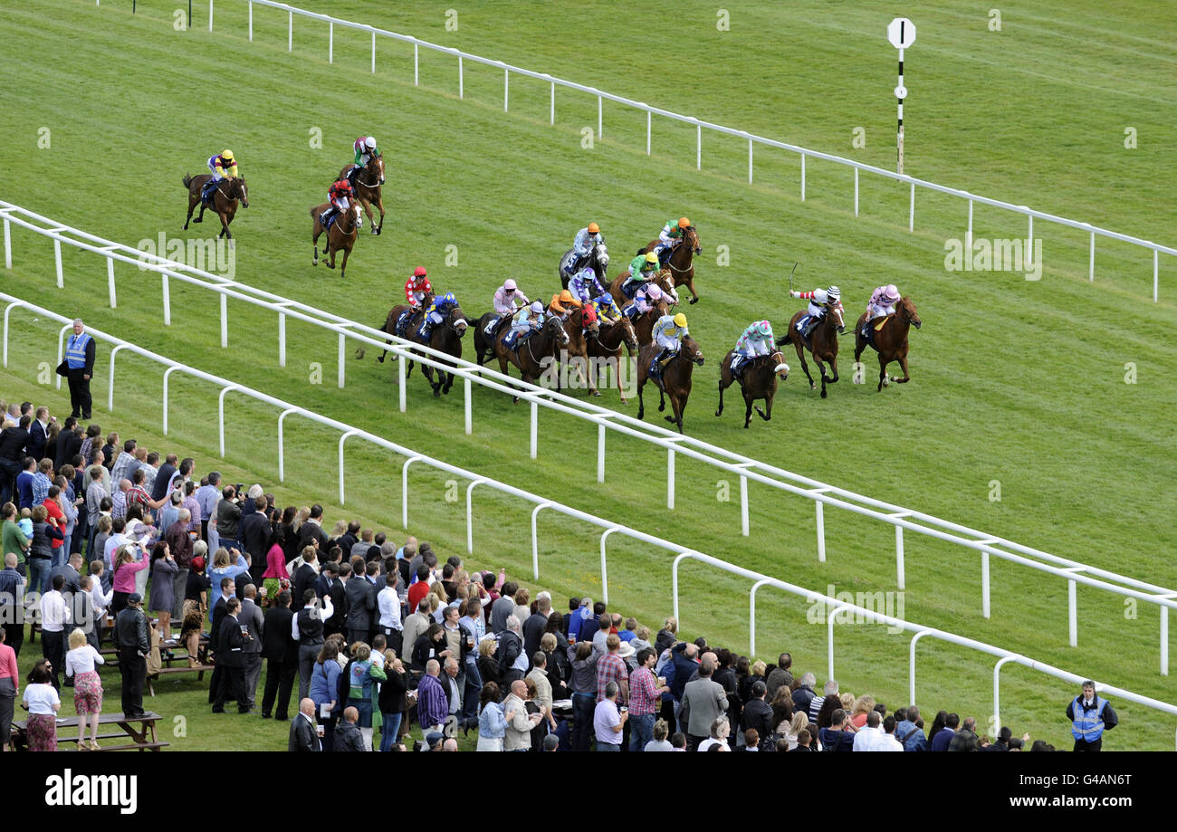 Coureurs et cavaliers dans les piquets de handicap Berry Bros & Rudd Magnum pendant la JLT Lockinge Stakes & Beer Festival Day à l'hippodrome de Newbury. Banque D'Images