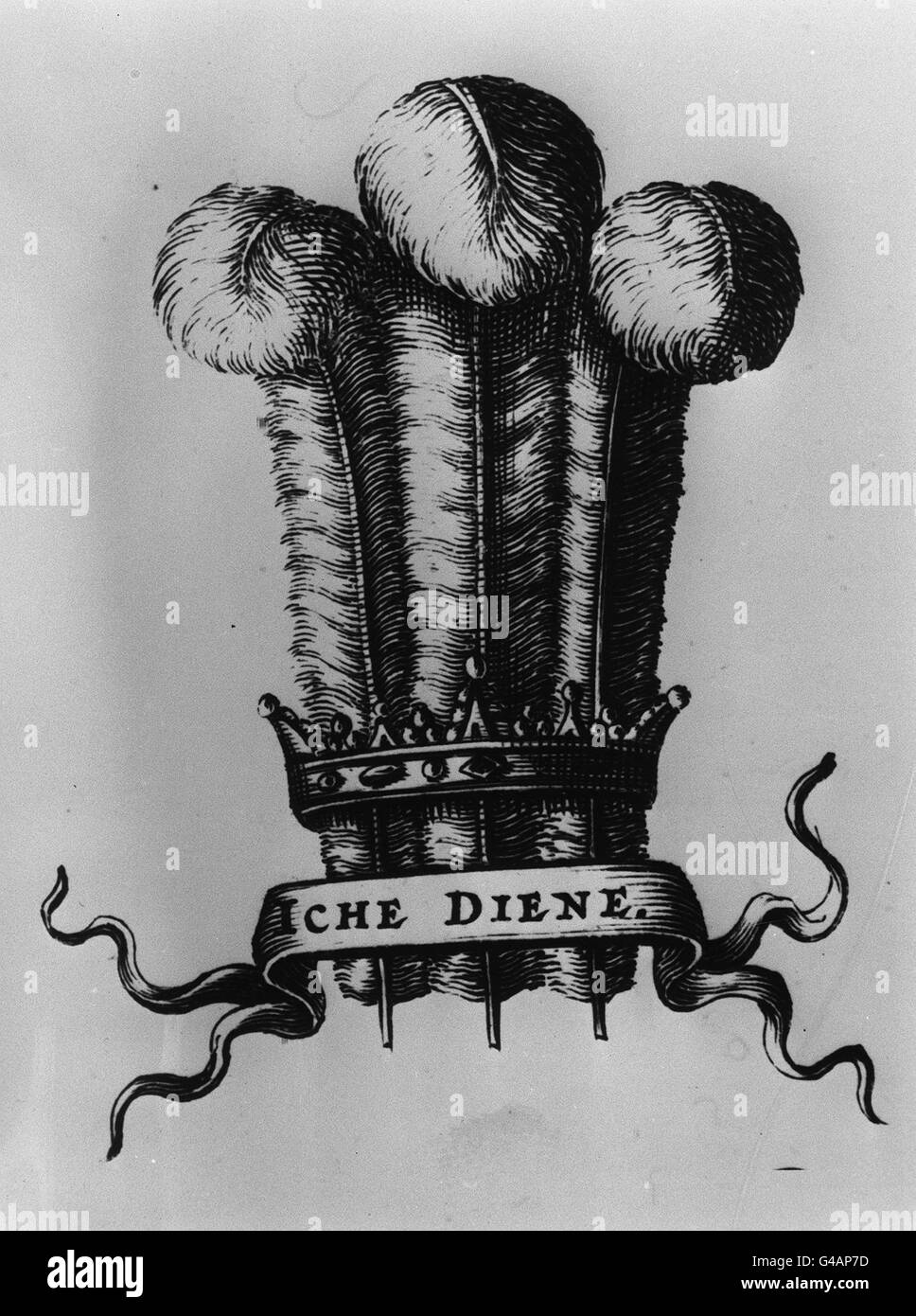 PA NEWS PHOTO JUIN 1969 PLUMES DU PRINCE DE GALLES. L'INSIGNE DE TROIS PLUMES D'AUTRUCHE ET LA DEVISE ICH DIENE (JE SERS). Banque D'Images