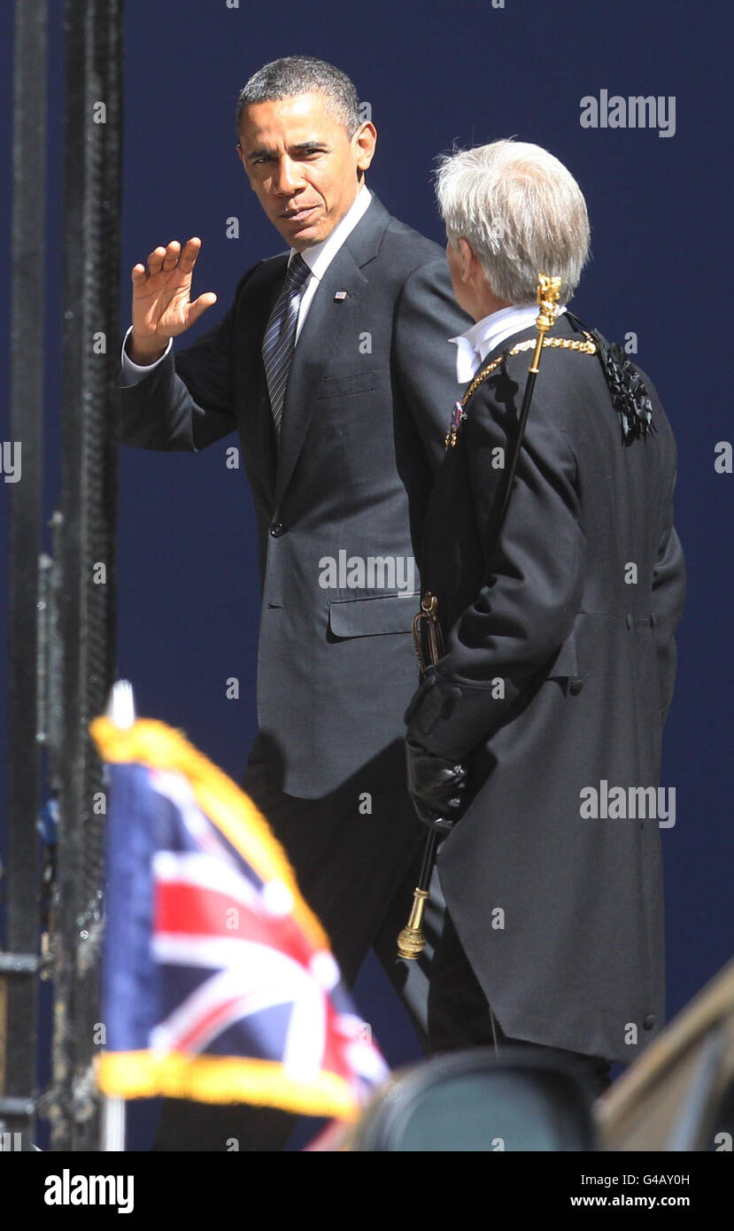 LE président AMÉRICAIN Barak Obama arrive aux palais de Westminster pour s'adresser aux deux chambres dans le cadre de sa visite d'État au Royaume-Uni. Banque D'Images