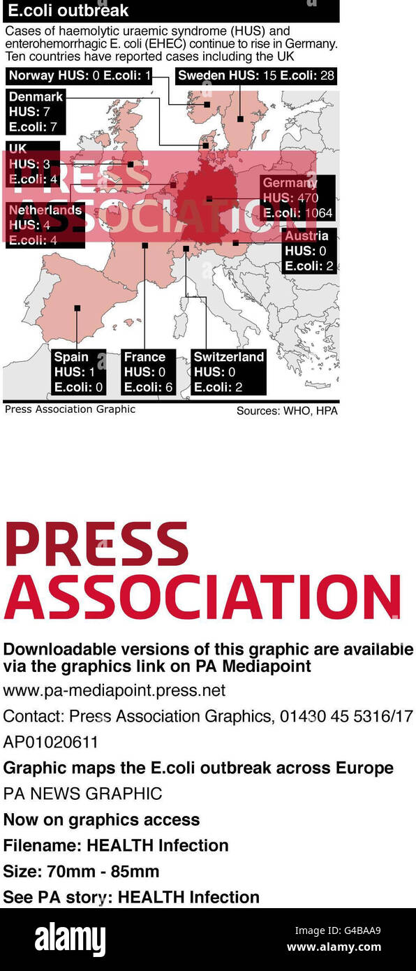 INFECTION SANITAIRE. Cartes graphiques de l'épidémie d'E.coli à travers l'Europe Banque D'Images