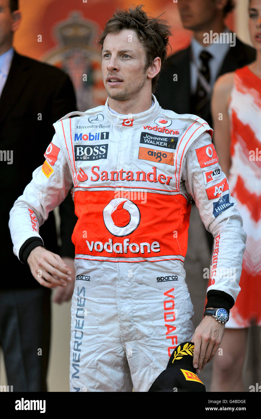 Courses automobiles - Championnat du monde de Formule 1 - Grand Prix de Monaco - Journée des courses - Monaco.Jenson Button, en Grande-Bretagne, se reporte sur sa troisième place lors du Grand Prix de Monaco au circuit de Monaco, Monte Carlo. Banque D'Images