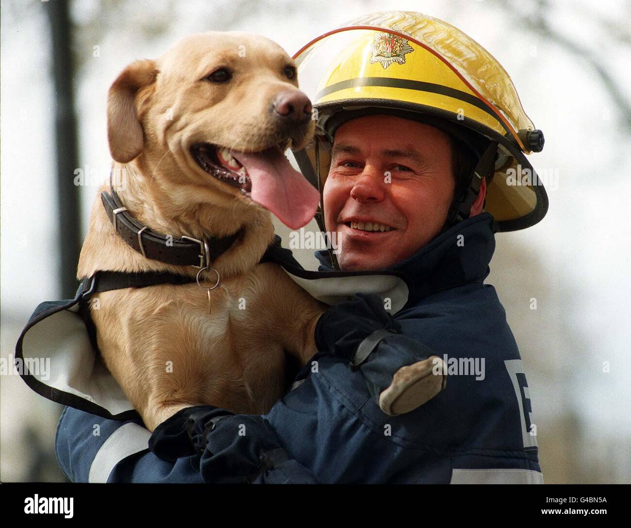 Dave Myers, pompier de premier plan, de la caserne de pompiers de Hexham, à Northumberland, avec « un animal de compagnie talentueux de l'année », Labrador, « Phoenix », âgé de 2 ans, au WAG PET Oscars, dans le centre de Londres aujourd'hui (jeudi).Phoenix a reçu le prix pour sa compétence inestimable pour détecter la présence de liquides inflammables sur les lieux d'un incendie.Photo de Ben Curtis/PA Banque D'Images