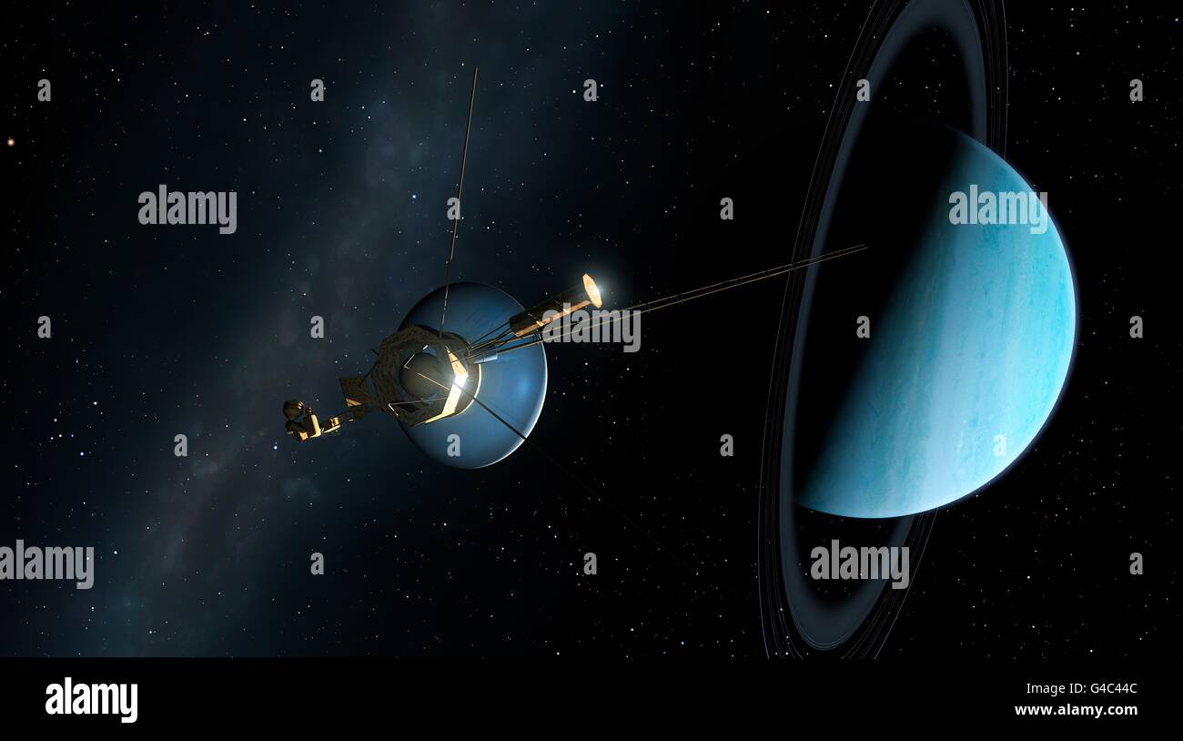 Voyager à Uranus, artwork. Deux Voyager (Voyager 1 et Voyager 2) ont été lancés en 1977. Ce calendrier a profité d'un rare alignement des planètes géantes Jupiter à Neptune, qui a permis à l'engin de leur rendre visite en une seule mission. Les images transmises avec succès des sondes et des données scientifiques à la terre en utilisant leur plat. Voyager 2 est en ce moment 110 UA de la terre â€" l'un des plus lointains objets dans l'espace. Dans cette illustration, c'est vu passant la planète Uranus. Banque D'Images