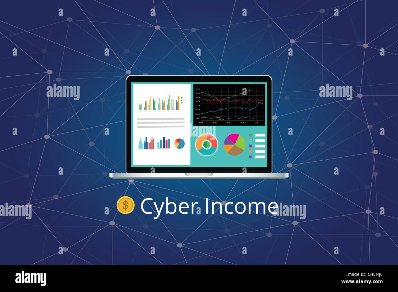 Revenu cyber avec pièce d'or et carte graphique ordinateur portable graphique vectoriel Illustration de Vecteur