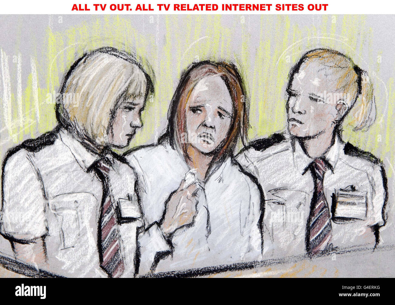 TOUTES LES SORTIES TV.TOUS LES SITES INTERNET LIÉS À LA TÉLÉVISION.IMAGE D'artiste DE CULTURE ALTERNATIVE par l'artiste des tribunaux Elizabeth Cook de Rebecca Leighton (au centre) comparaissant au tribunal de Manchester où elle a été accusée de trois chefs d'accusation de dommages criminels dans l'intention de mettre la vie en danger et de trois chefs d'accusation de dommages criminels irresponsables quant à la mise en danger de la vie.Elle a également été confrontée à une accusation de vol de médicaments à l'hôpital Stepping Hill de Stockport, dans le Grand Manchester. Banque D'Images