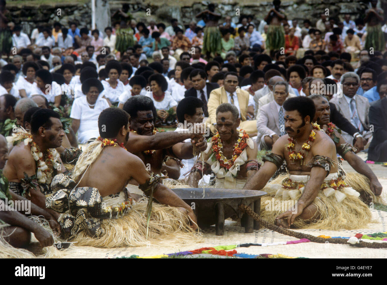 Des chefs de haut rang sur l'île fidjienne de Bau préparant la boisson Kava pour la Reine. Kava, un médicament mélangé à de l'eau est avalé dans un seul tirage et seulement quand la tasse de noix de coco est vraiment vide, les foules applaudissent. Banque D'Images