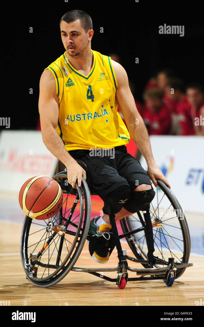 Paralympiques - coupe du monde paralympique BT 2010 - troisième jour - Manchester.Justin Eveson d'Australie en action pendant le match de basket-ball en fauteuil roulant pour hommes contre le Canada Banque D'Images