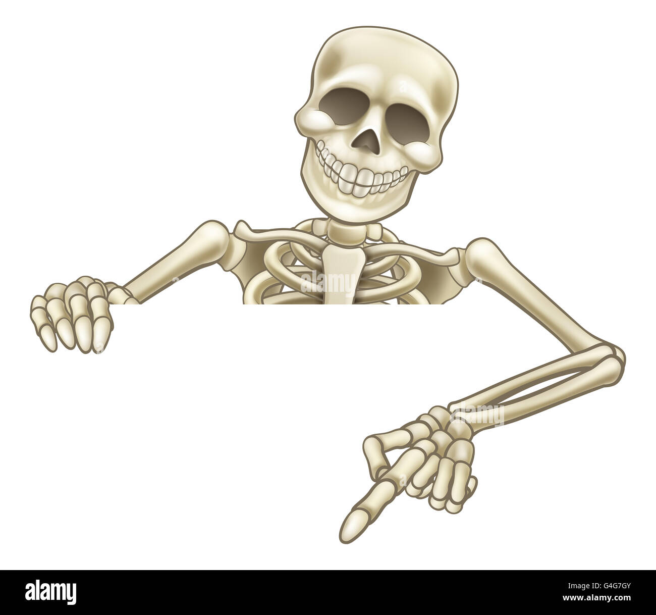 Un squelette Halloween personnage jeter sur un signe et pointant sur elle Banque D'Images