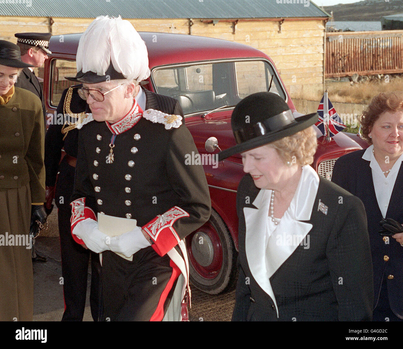 Politique - Margaret Thatcher dans les îles Falkland - Port Stanley Banque D'Images