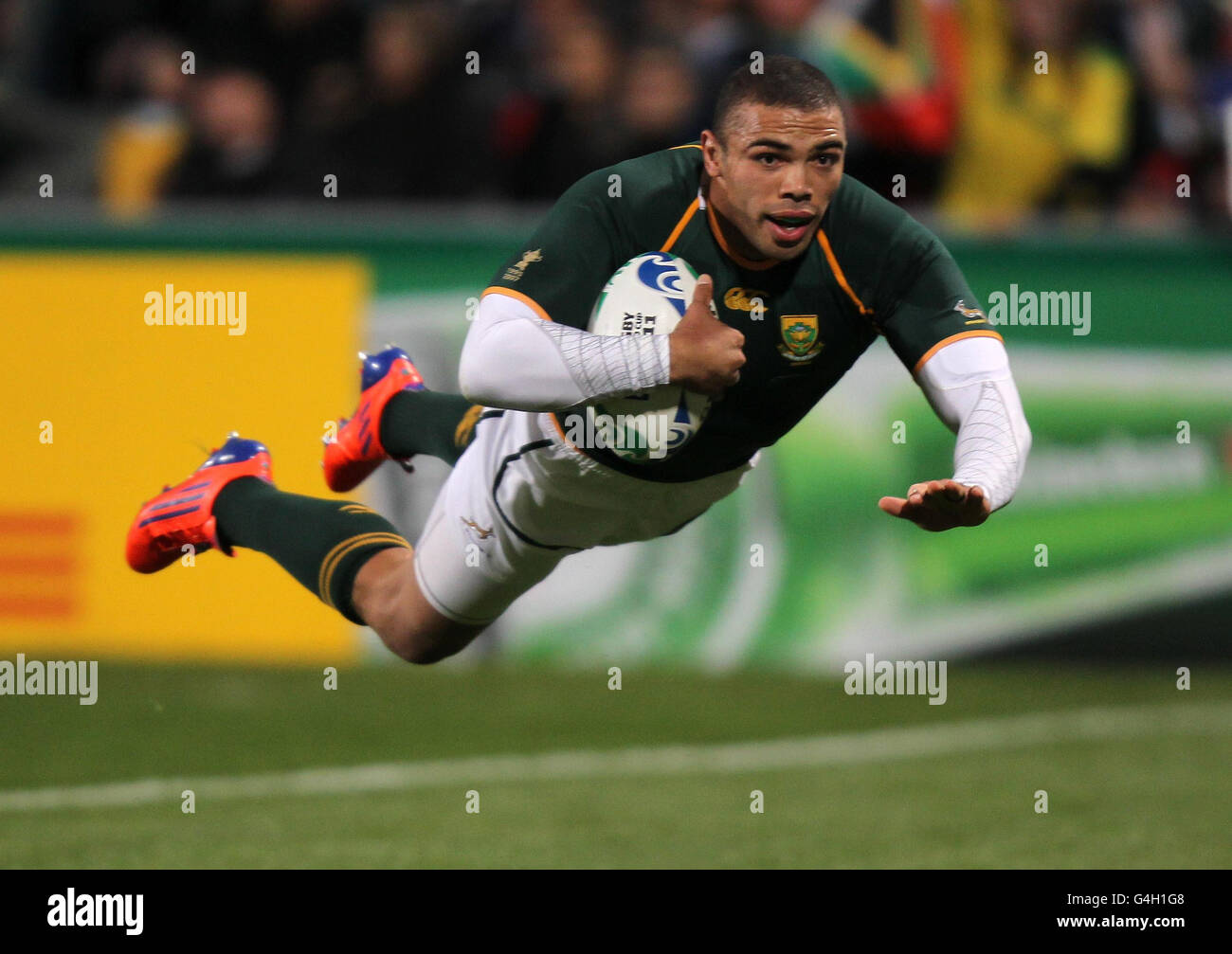 Rugby Union - coupe du monde de Rugby 2011 - Pool D - Afrique du Sud v Namibie - North Harbour Stadium.Bryan Habana, d'Afrique du Sud, a fait sa deuxième tentative lors du match Pool D au North Harbor Stadium, Auckland, Nouvelle-Zélande, Banque D'Images