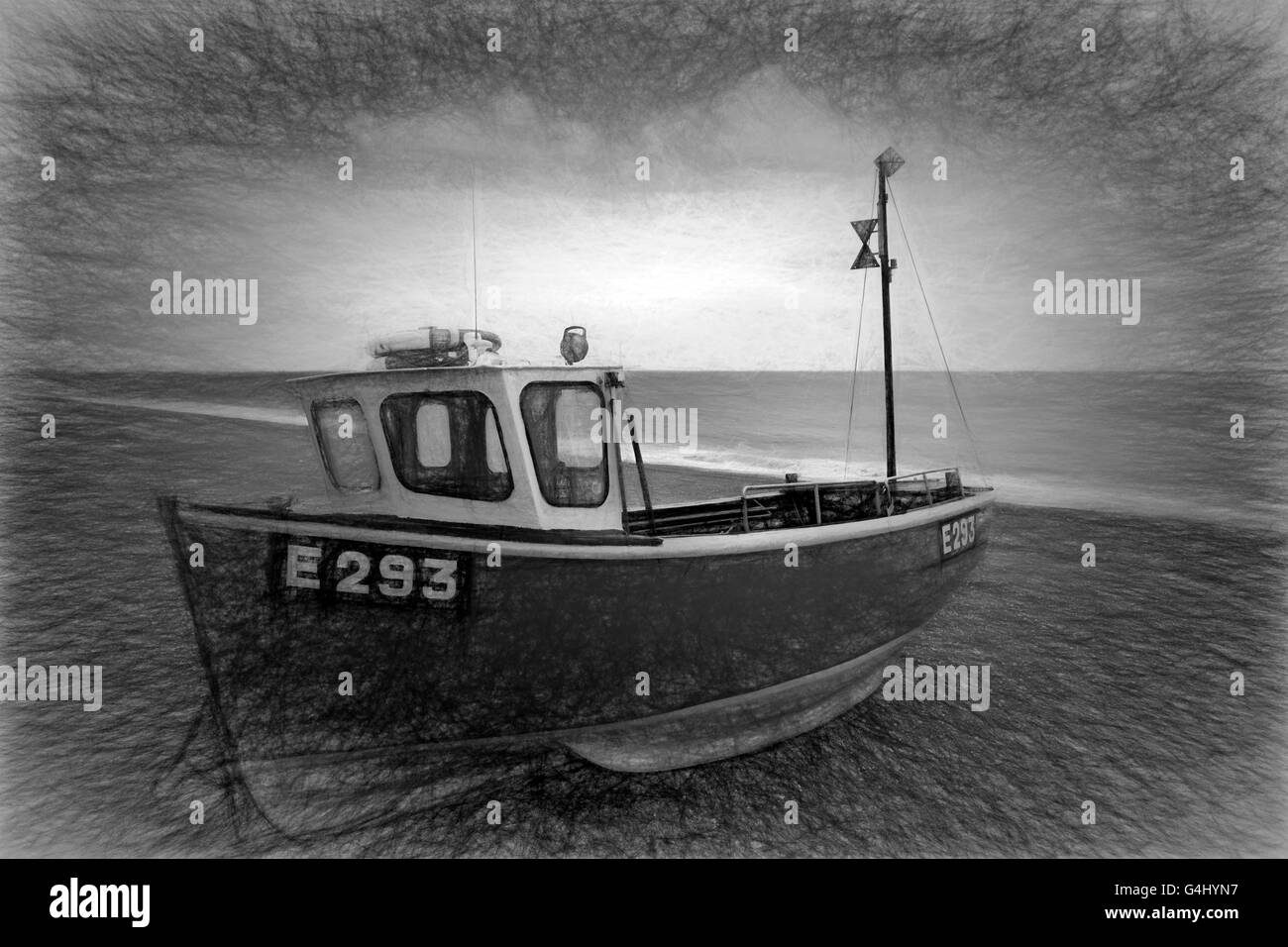 Créé numériquement croquis d'un bateau de pêche sur la plage Banque D'Images