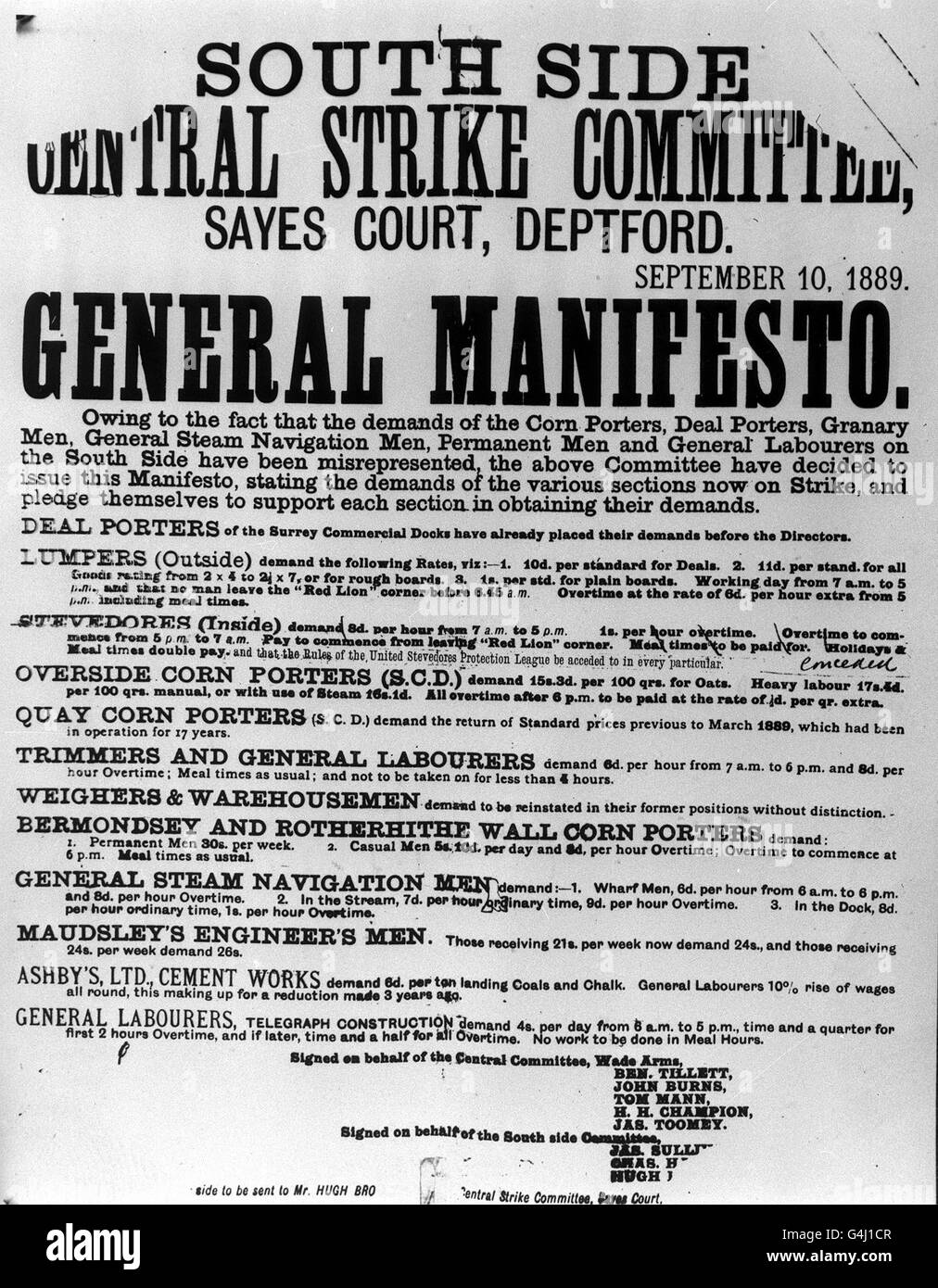 Manifeste du Comité général de grève, 10 septembre 1889. Banque D'Images