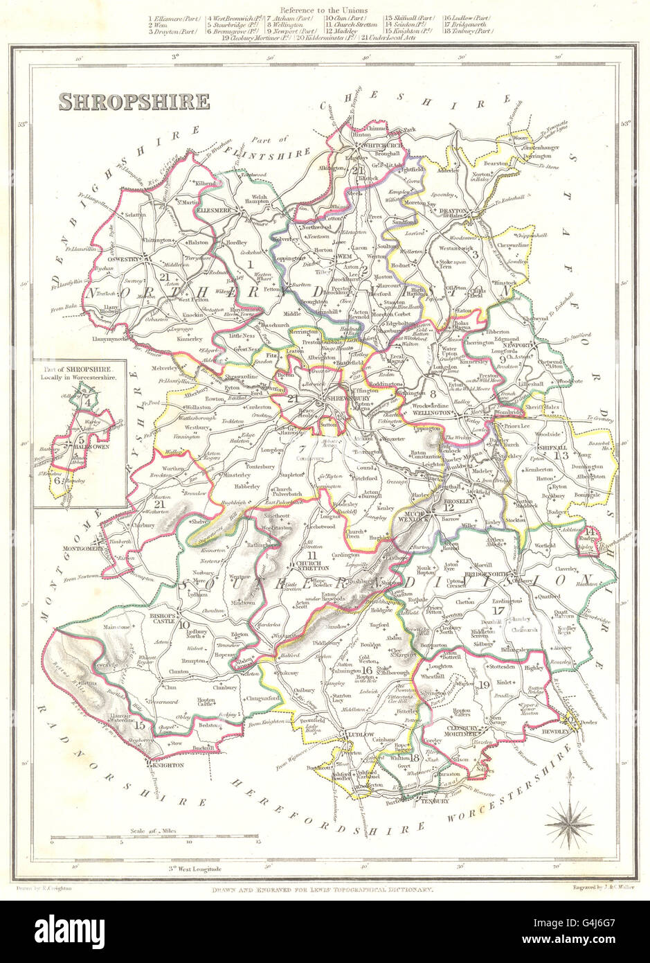 Le SHROPSHIRE : Shrops. Lewis. Contour original de coloration. Petit encart, 1845 map Banque D'Images