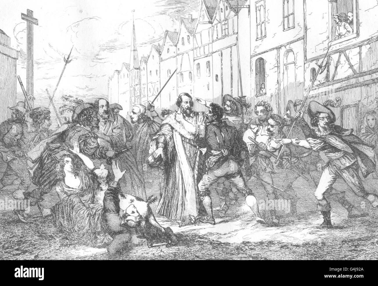 La France : Le courage- civile Mathieu Molé Saisi par des factieux, old print 1835 Banque D'Images