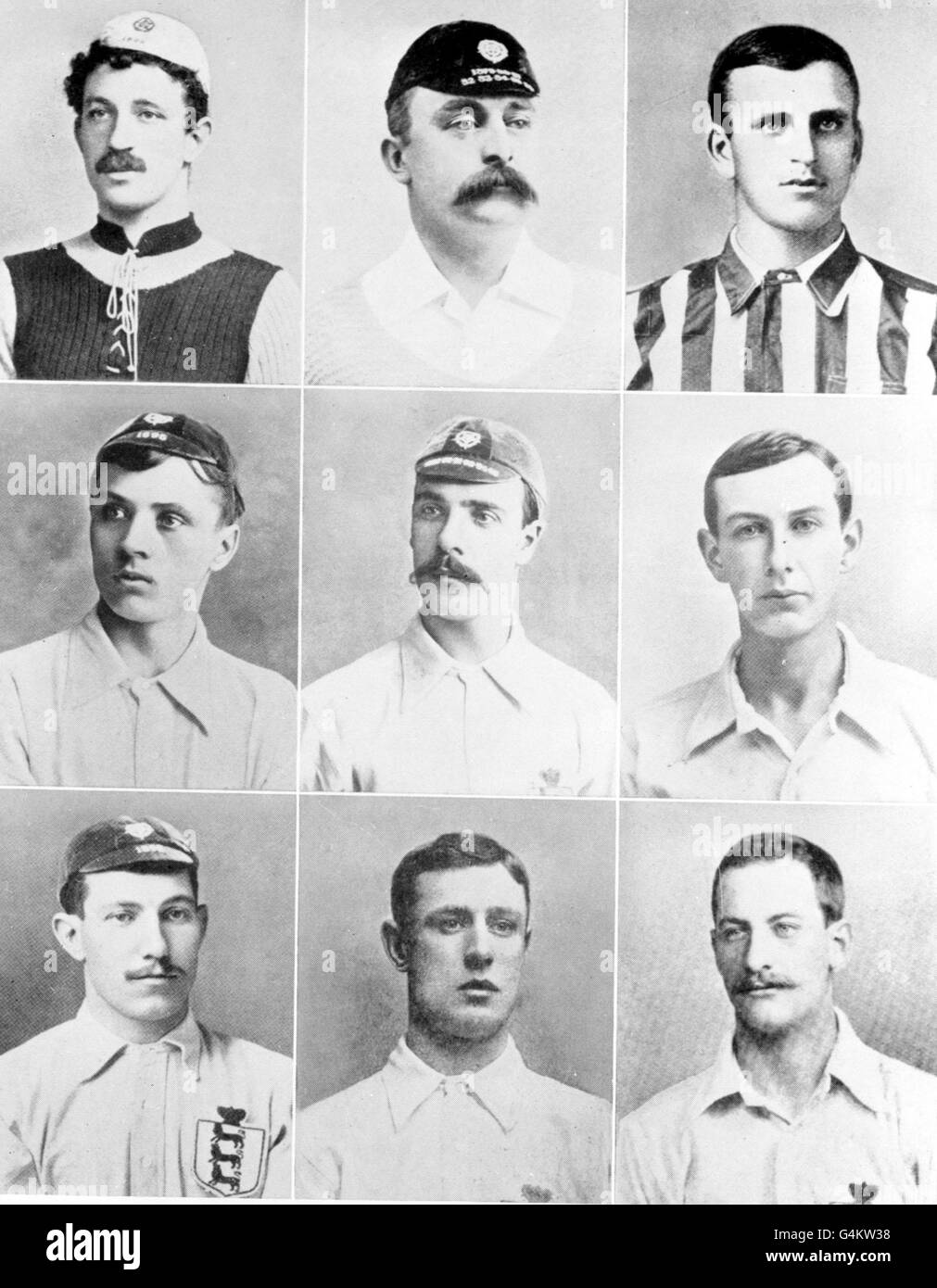 Une galerie de joueurs de football célèbres au tournant du siècle, 1900. Rangée supérieure : C W Athersmith, E C Bambridge, W J Foulke. Rangée du milieu : s Bloomer, J Goodall, G O Smith. Rangée inférieure : E Needham, F Spiksley, W I Bassett. Banque D'Images