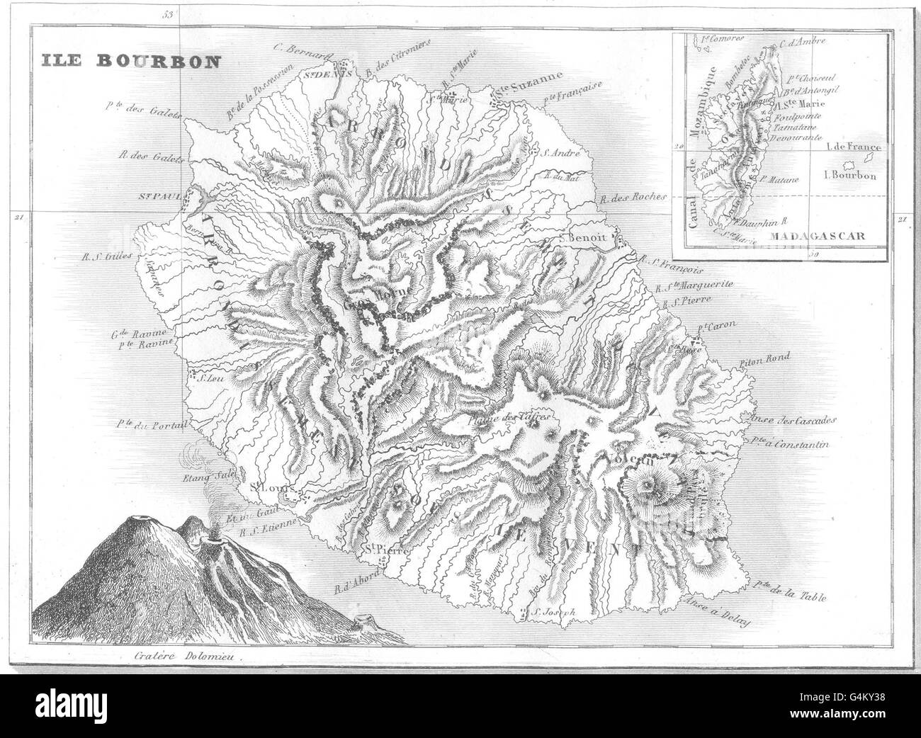 La réunion : l'île Bourbon (la Réunion) : carte grande échelle de Madagascar, 1835 Banque D'Images