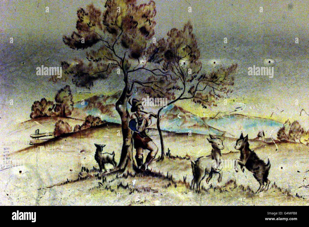 Un tableau original fait par des prisonniers de guerre allemands à Harperley Farm, Co Durham.Le camp de 17 hectares, avec 50 cabanes de prison, une chapelle et un théâtre, a été construit par des prisonniers de guerre italiens au début des années 1940, puis occupé par des prisonniers de guerre allemands.* est allé sur le marché pour un prix de paquet de 1.1 millions (livres).Fait partie de la ferme Low Harperley de 471 hectares, dans le comté de Durham. Banque D'Images