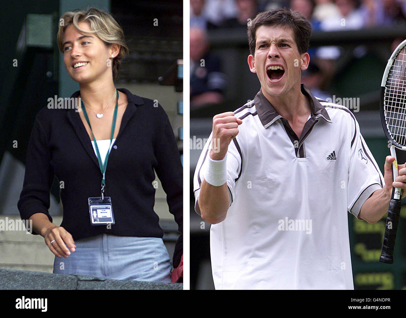 Composite PA Library filer : Lucy Heald, petite amie de la star britannique du tennis Tim Henman. Tim Henman célèbre après avoir battu l'américain Jim Courier pendant cette année (1999) Championnat de tennis de Wimbledon. Banque D'Images