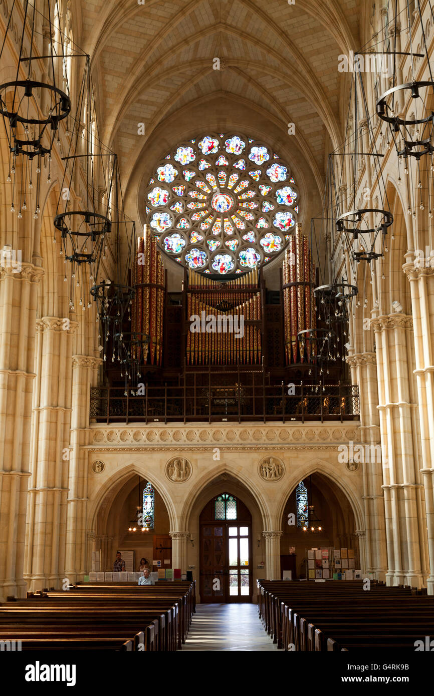 Intérieur de l'église cathédrale de Notre Dame et St Philip Howard, rosace et allée, Arundel, West Sussex, Angleterre Banque D'Images