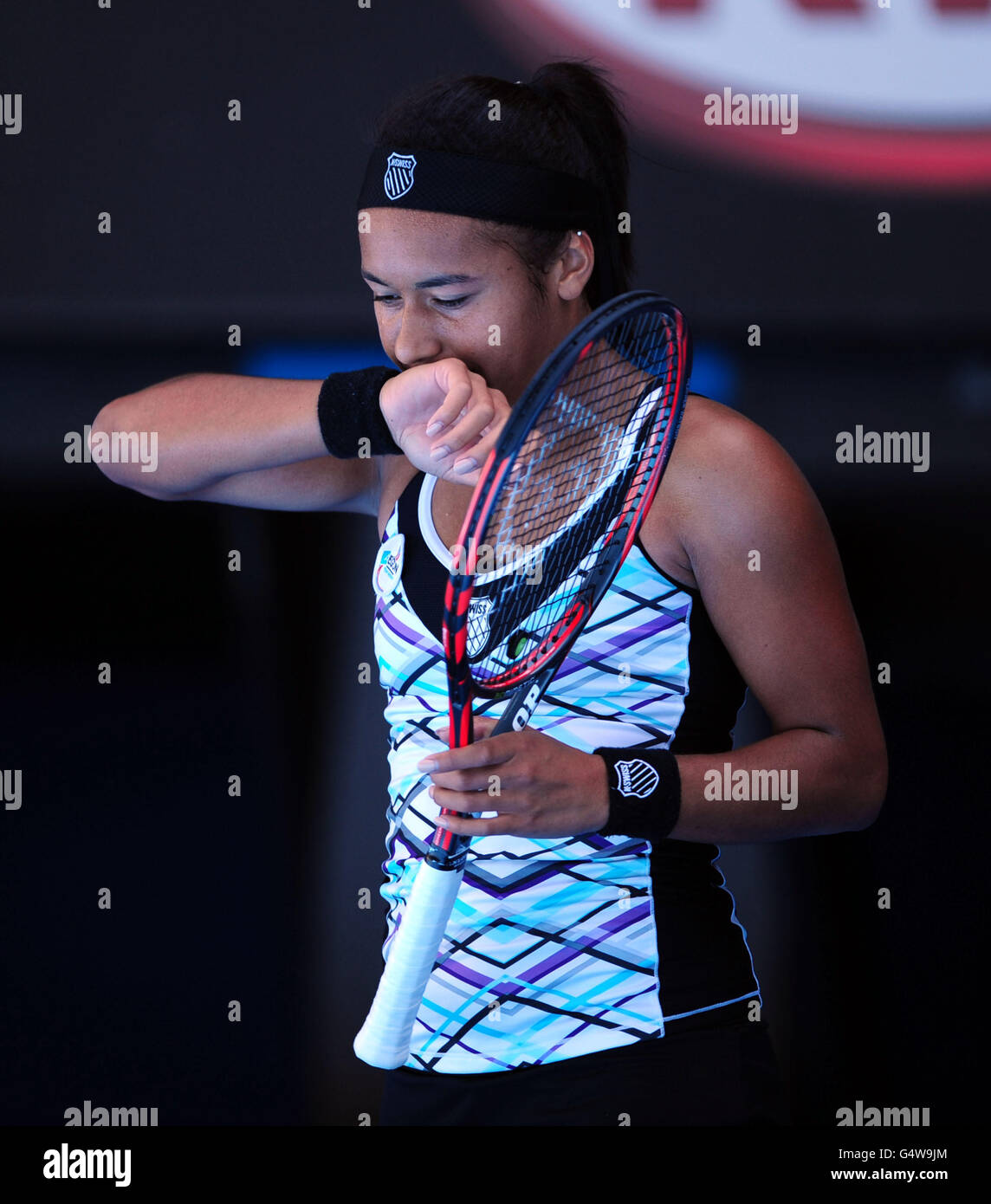 Tennis - 2012 Open d'Australie - première journée - Melbourne Park.Heather Watson, de Grande-Bretagne, réagit à la perte d'un point à Victoria Azarenka, de Biélorussie Banque D'Images