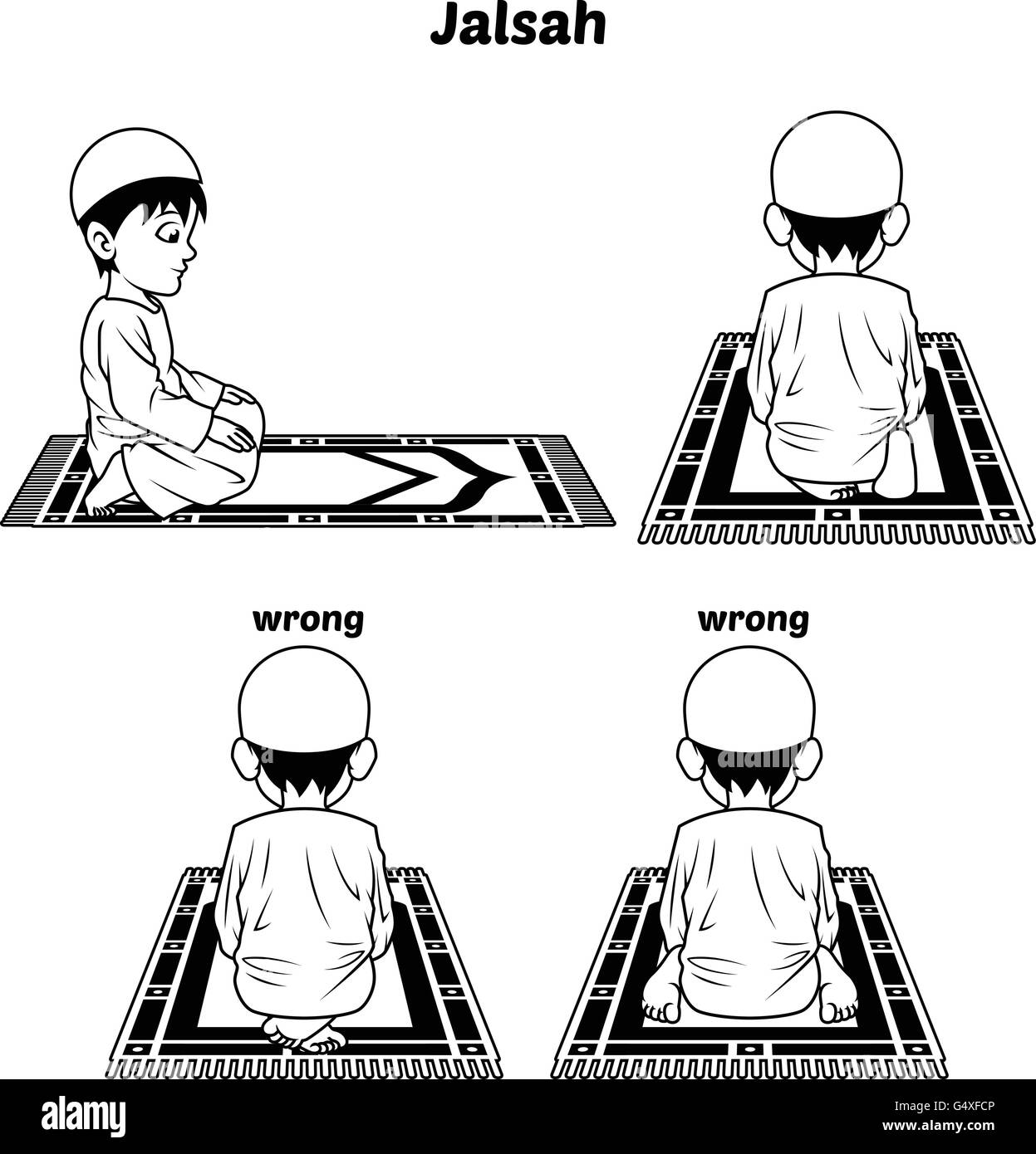 Position de la prière musulmane Guide Step by Step effectuer par garçon assis entre les deux en se prosternant et position des pieds avec mauvaise position contours vers Illustration de Vecteur