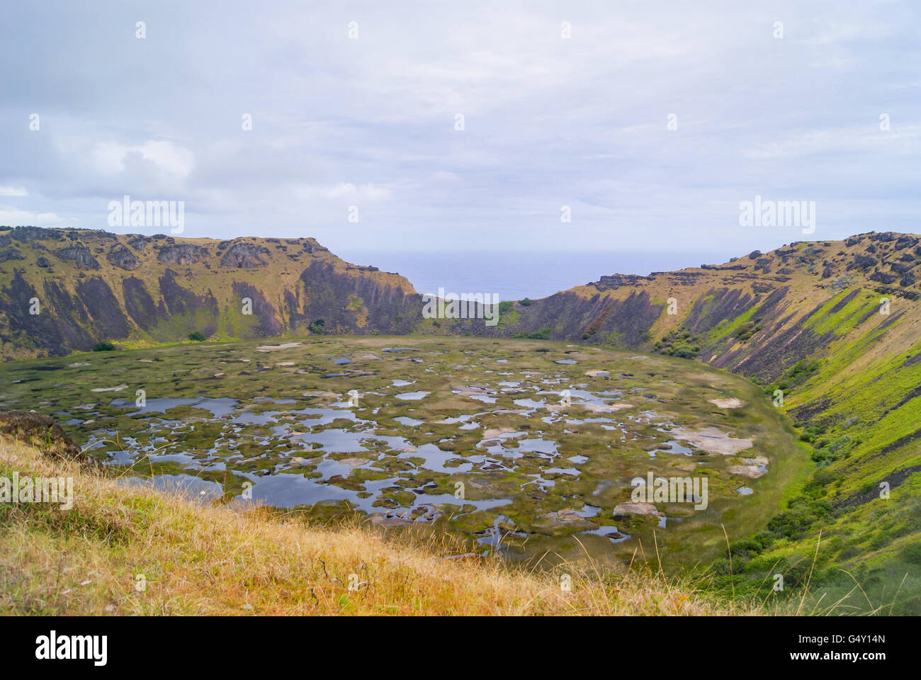 Le Chili, l'île de Pâques, Schildvulkan avec lac, cratère volcanique Rano Kau Banque D'Images