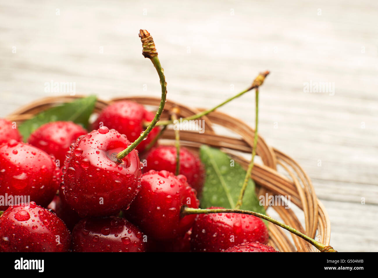 Panier de cerises fraîches avec de l'eau gouttes macro fond. Banque D'Images