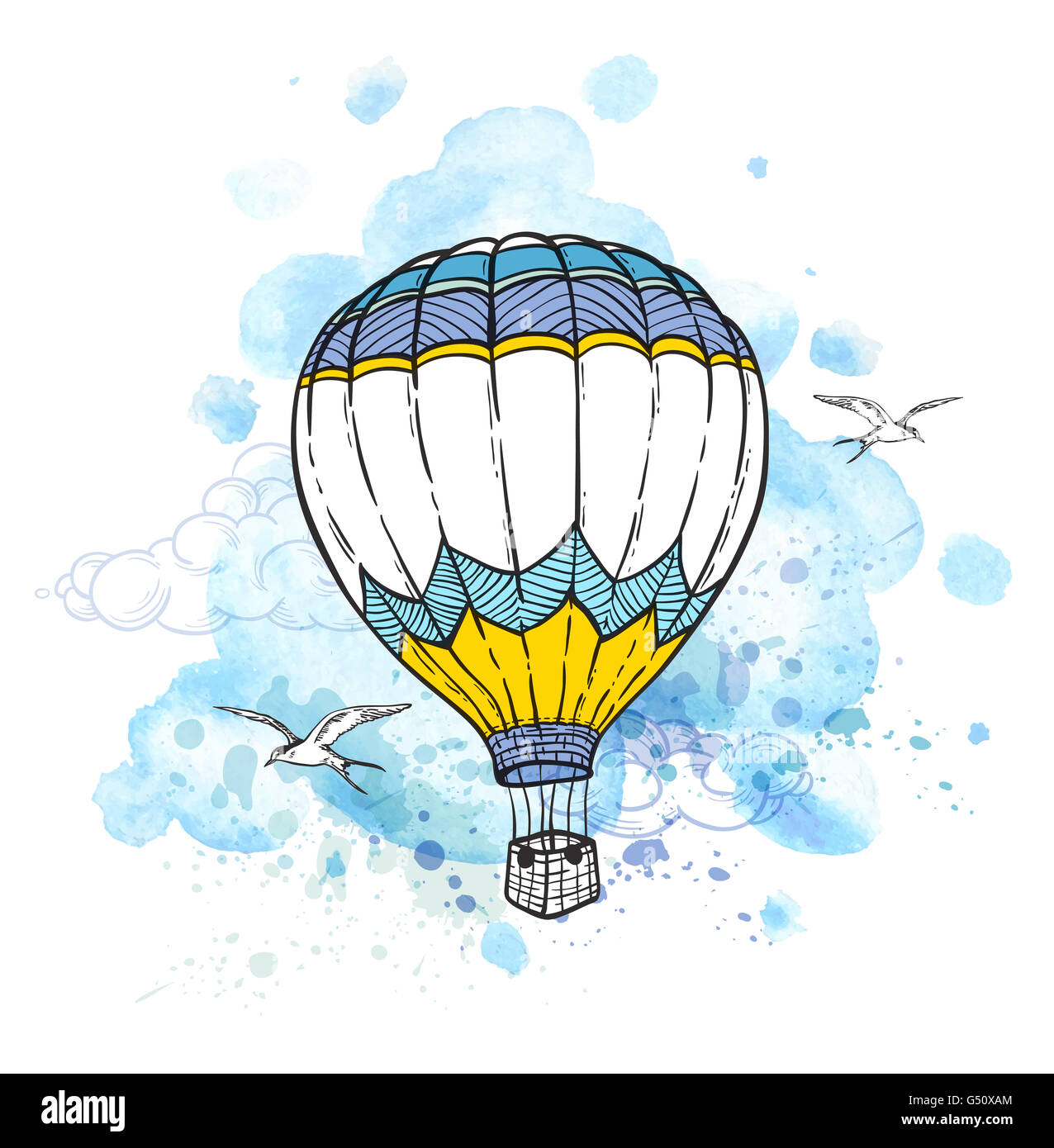 Résumé fond bleu avec ballon volant dans le ciel. Illustration à la main. Banque D'Images Résumé fond bleu avec ballon volant dans le ciel. Illustration à la main. Banque D'Images