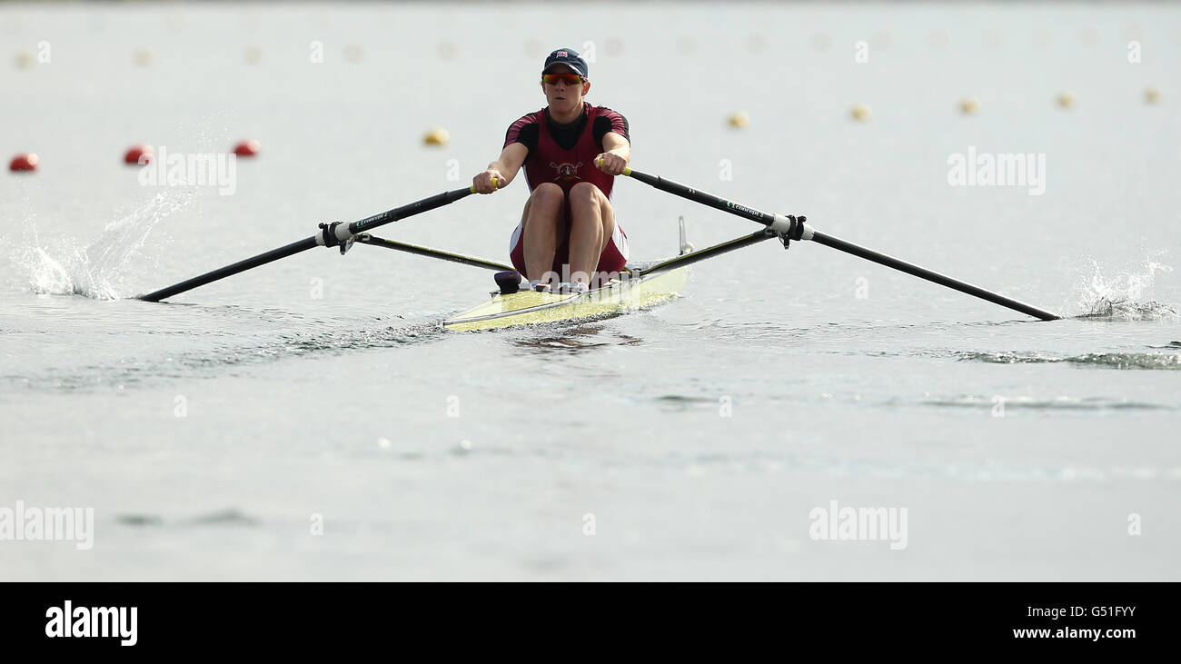 Katherine Grainger en action dans la finale des femmes célibataires lors des épreuves senior de l'équipe d'aviron de Grande-Bretagne à Eton Dorney Rowing Lake, Birkshire. Banque D'Images