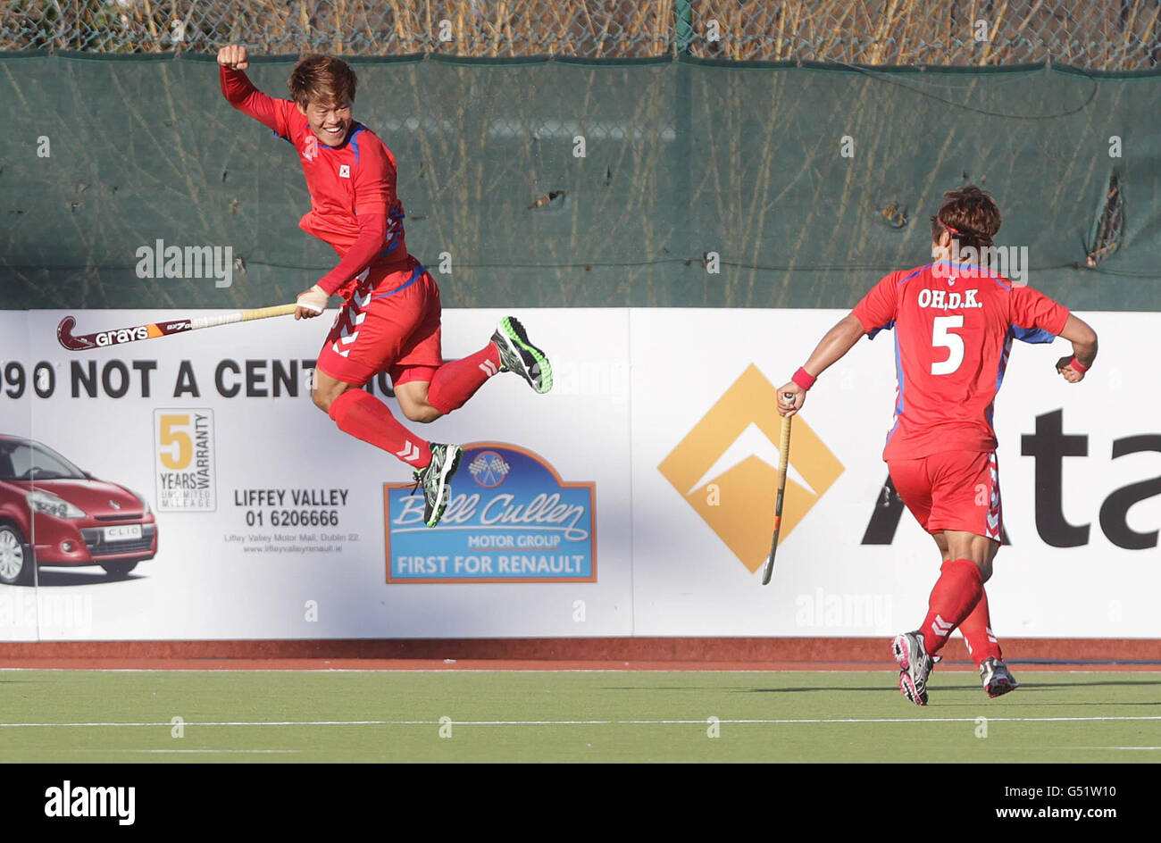 Nam Yong Lee, de la Corée, célèbre son but lors de son match de qualification olympique de la Fédération internationale de hockey à Belfield, à Dublin. Banque D'Images