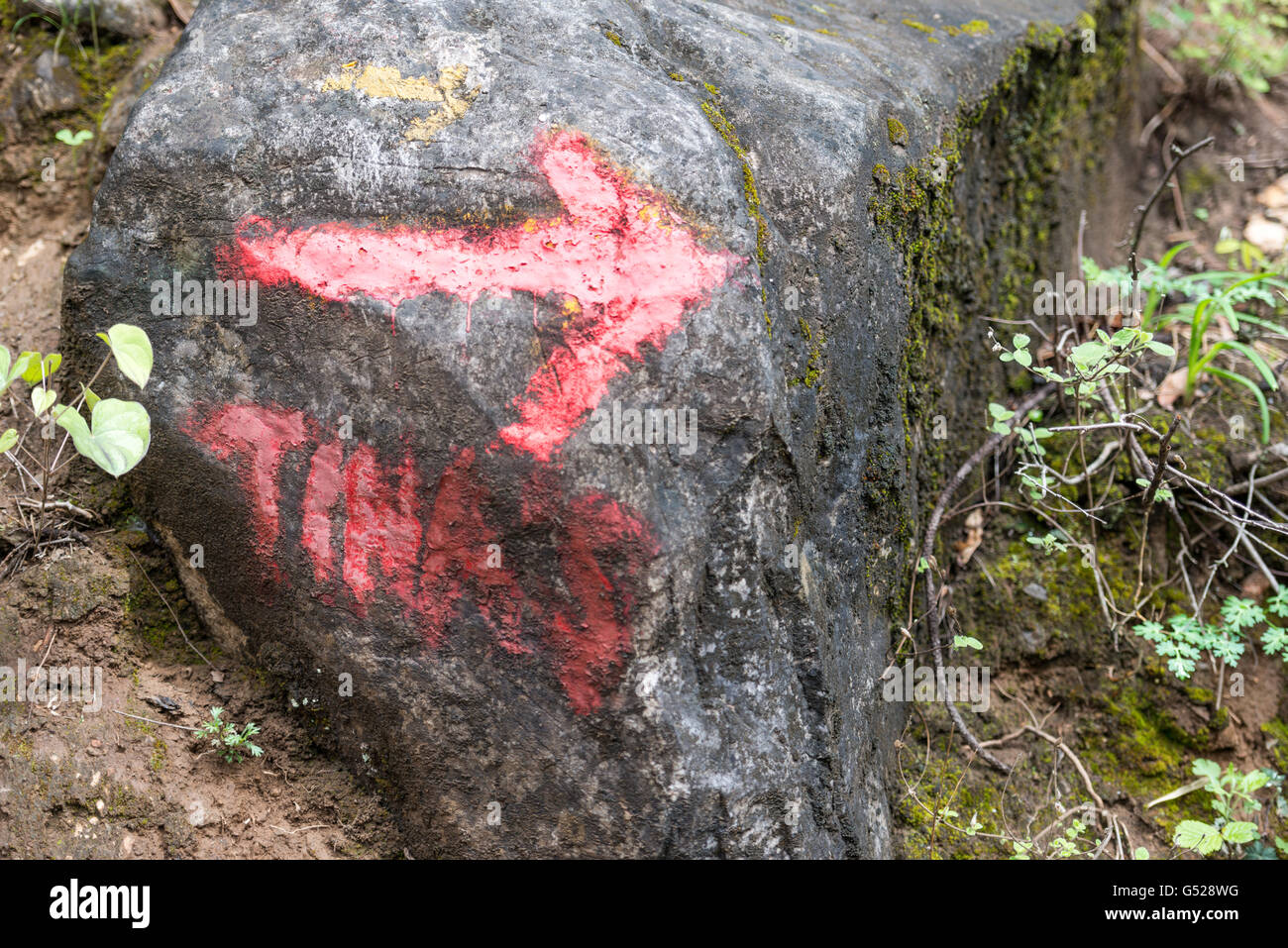 La Chine, le Yunnan Diqing Sheng, Zangzuzizhizhou, randonnée pédestre (2 journée) à la Gorge du tigre bondissant de la rivière Yangtze, l'orientation dans le texte en rouge sur un rocher Banque D'Images