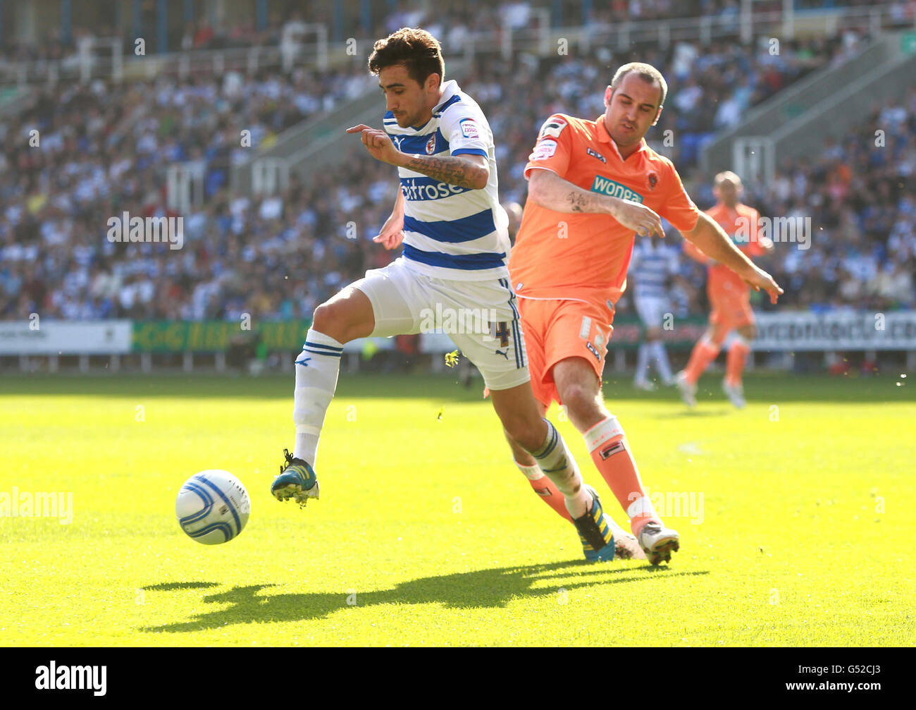 Reading's Jem Karacan sous la pression de Gary Taylor-Fletcher de Blackpool (à droite) pendant le match de npower Championship au Madejski Stadium, Reading. Banque D'Images